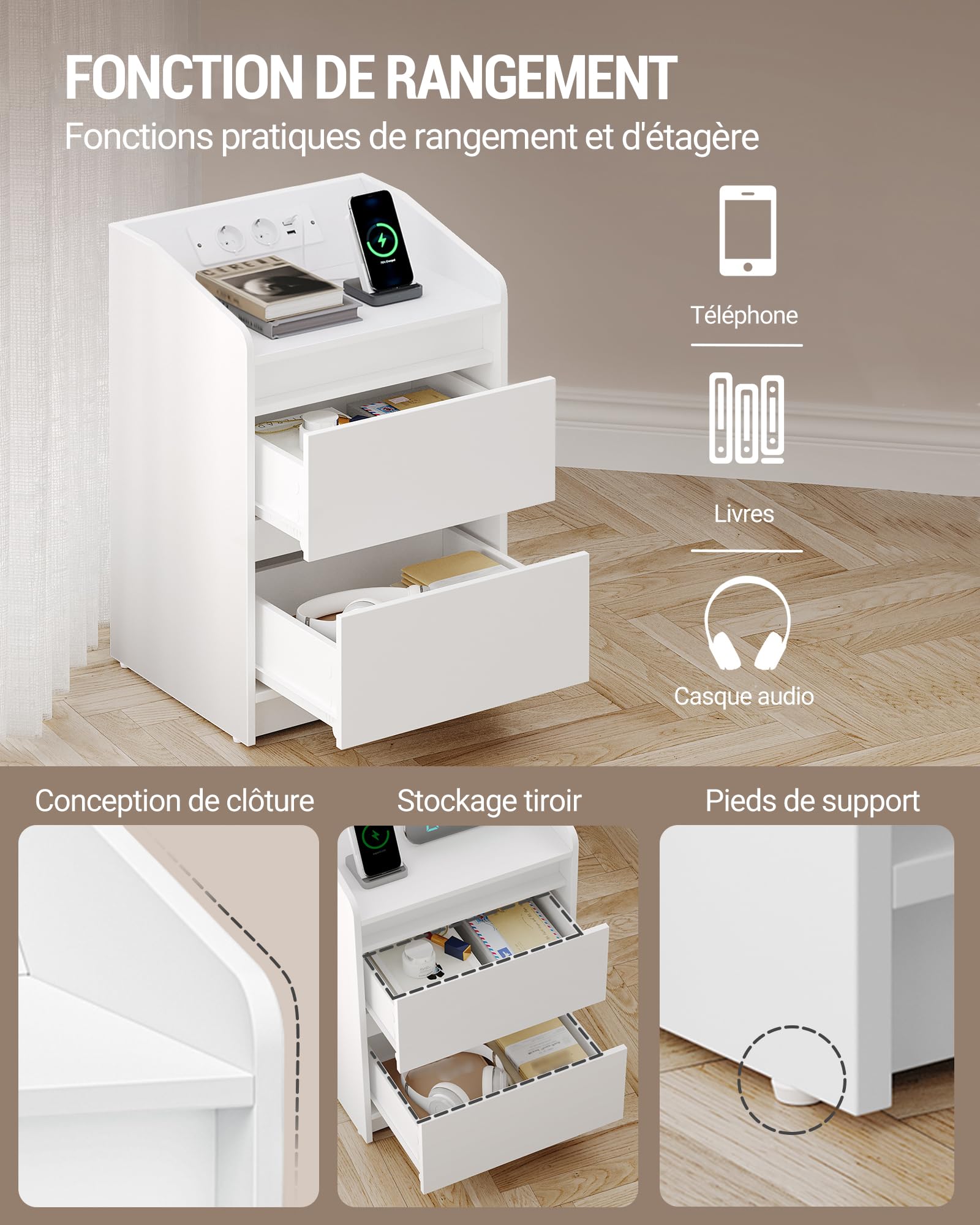 Hzuaneri Tables de Chevet avec lumières LED, Lot de 2, Station de Chargement et 2 tiroirs, Table d'appoint avec Ports USB et Prises électriques, pour la Chambre à Coucher, Blanc NS30103X