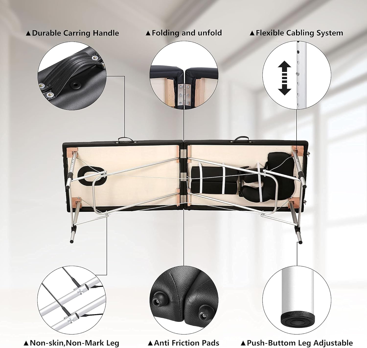 AWQM Massage Table 73 inch Massage Bed Spa Bed Aluminium Frame Height Adjustable 2 Fold Portable Facial Salon Tattoo Bed, Black : Beauty & Personal Care