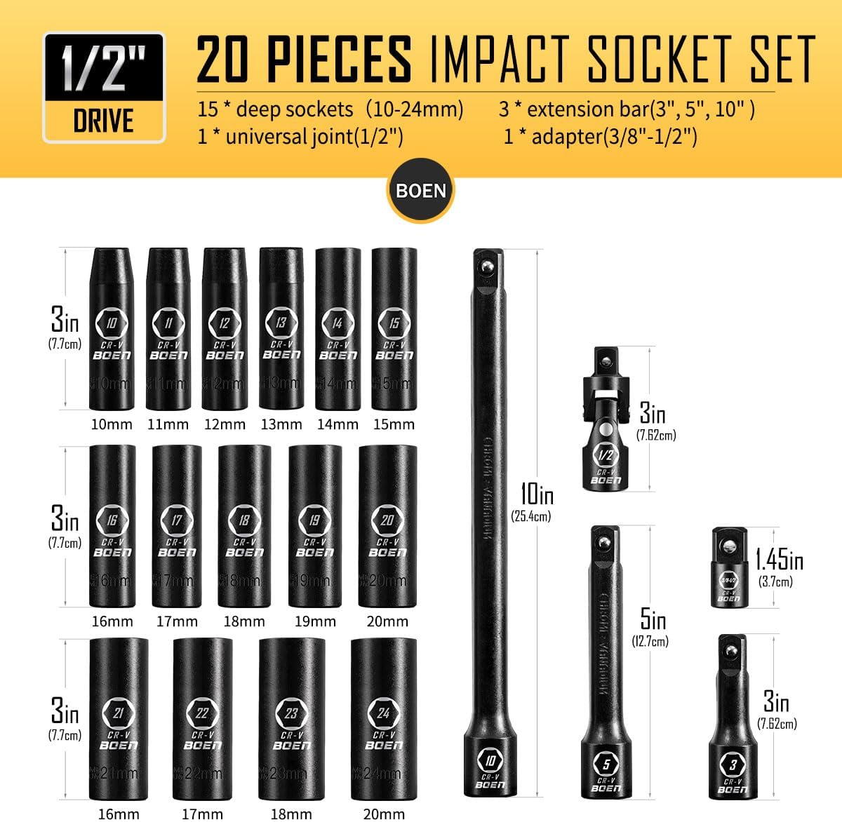 BOEN 1/2" Drive Metric Deep Impact Socket Set, 20 Piece Cr-V Steel Metric Socket Set 10mm-24mm, Includes Extension Bars, Universal Joint and Adapter, 6 Point Design, Meets ANSI Standards