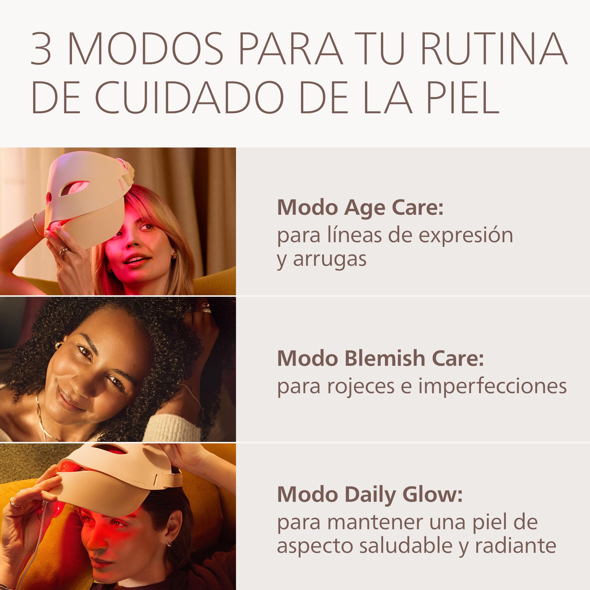 Philips LED ReAura Máscara facial – rostro, contorno de ojos y cuello, 3 modos, luz roja, azul e infrarroja cercana, eficacia clínicamente demostrada¹, ajuste flexible, rutina de 10 min, LTM7100/00