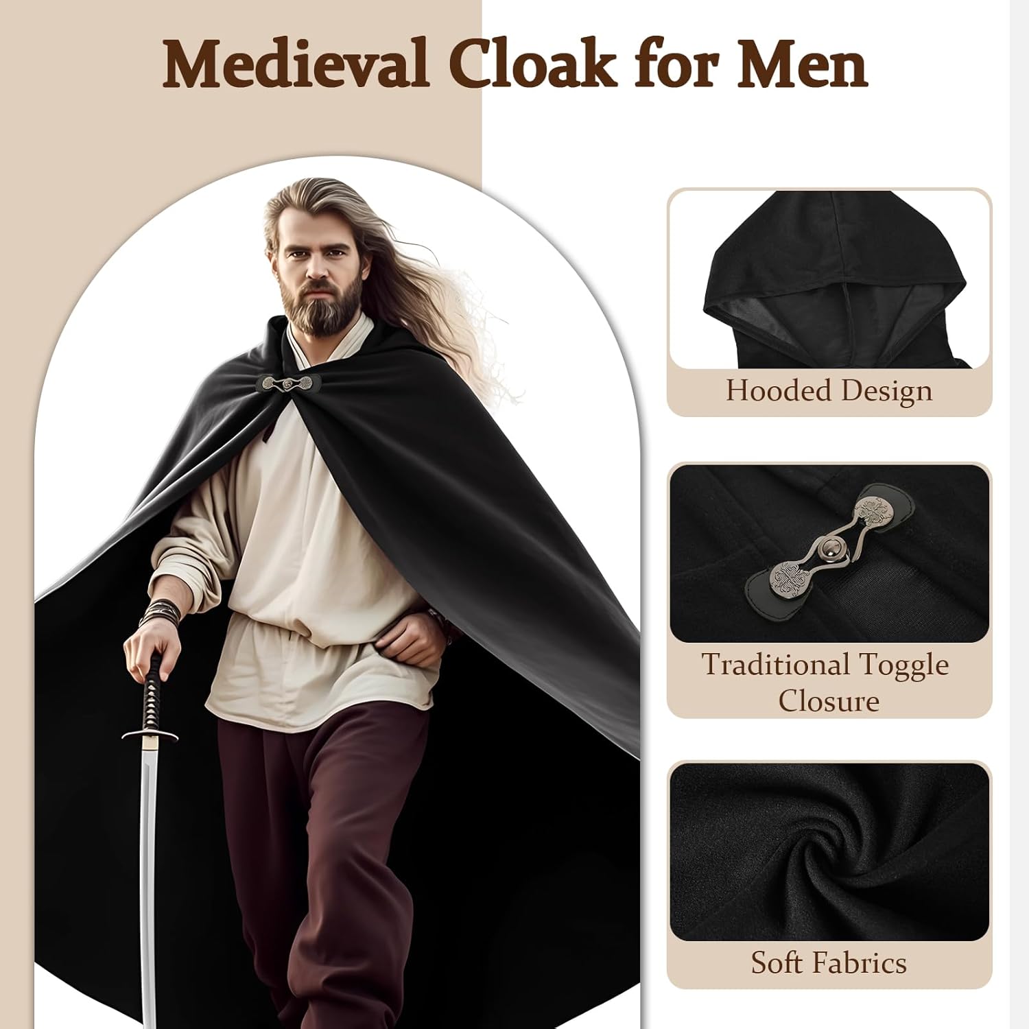 Medieval Cloak Men, Renaissance Costume Cloak with hood and Green Leaf Brooch Necklace for Halloween Cosplay Party. - Image 2