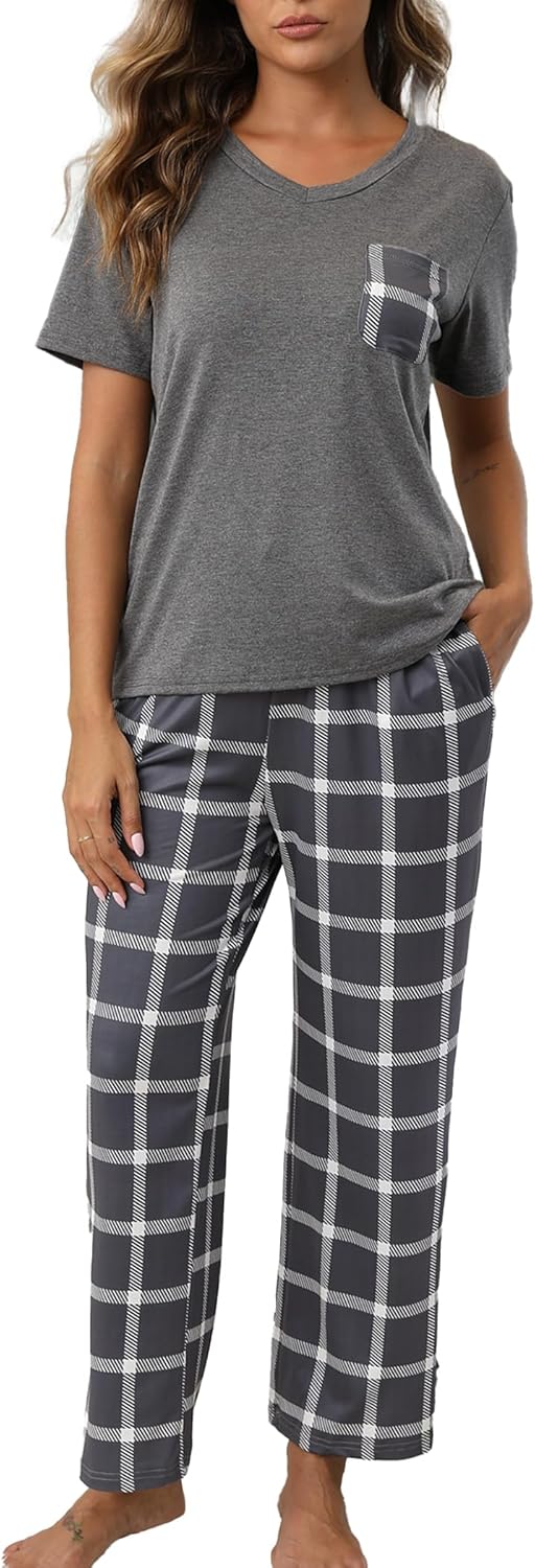 Womens Pajama Sets 2 Piece Short Sleeve Pjs Tops and Long Pants Sleepwear Lounge Set with Pocket