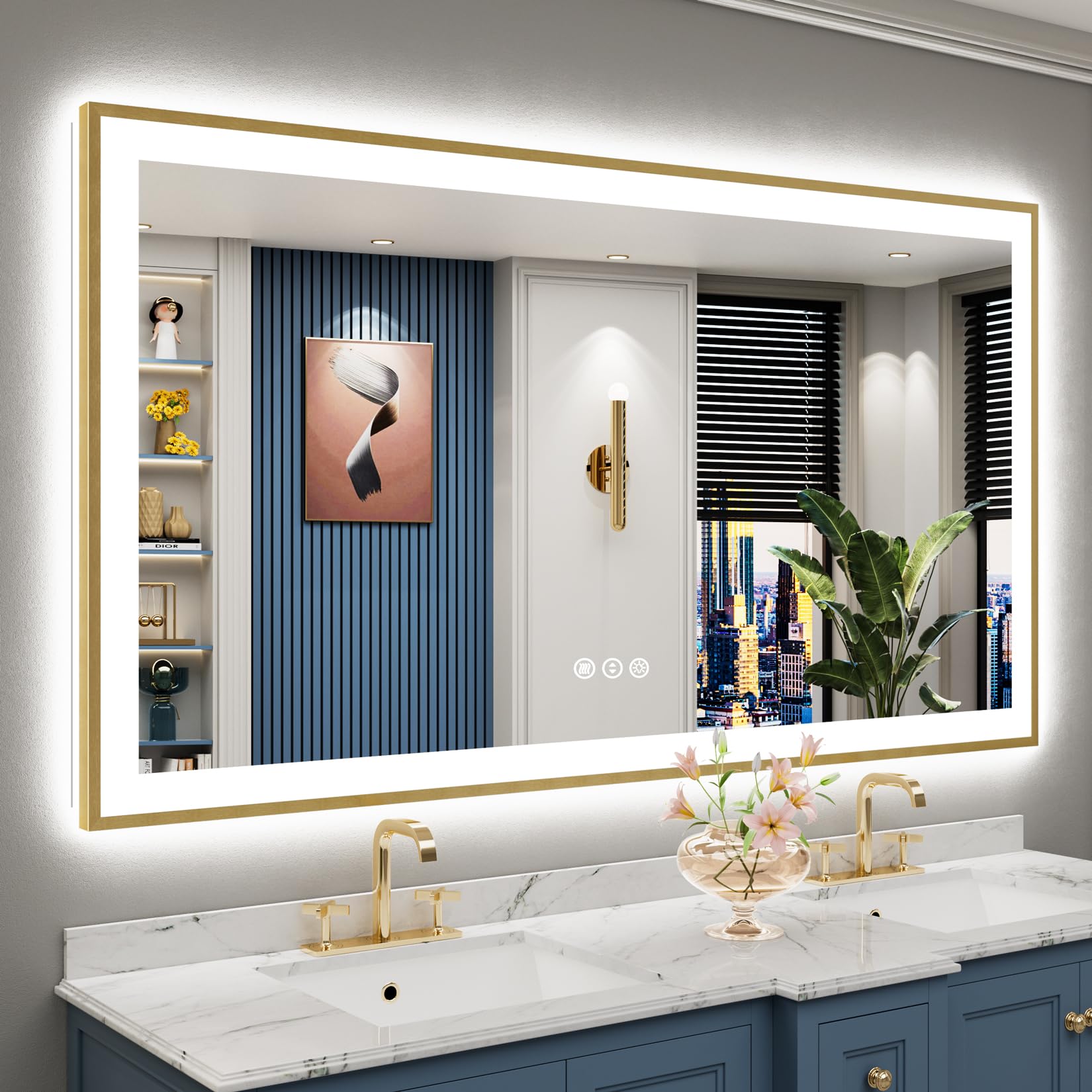 66x36 Gold LED Bathroom Mirror with Lights, Lighted Vanity Mirror