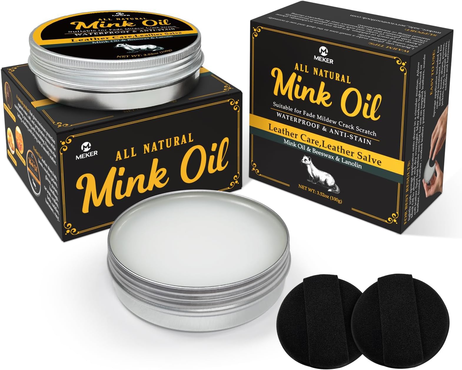 MEKER Mink Oil for Leather Boots, Leather Conditioner and Cleaner 3.5 oz - All Natural Waterproof - Soften and Restore Shoes