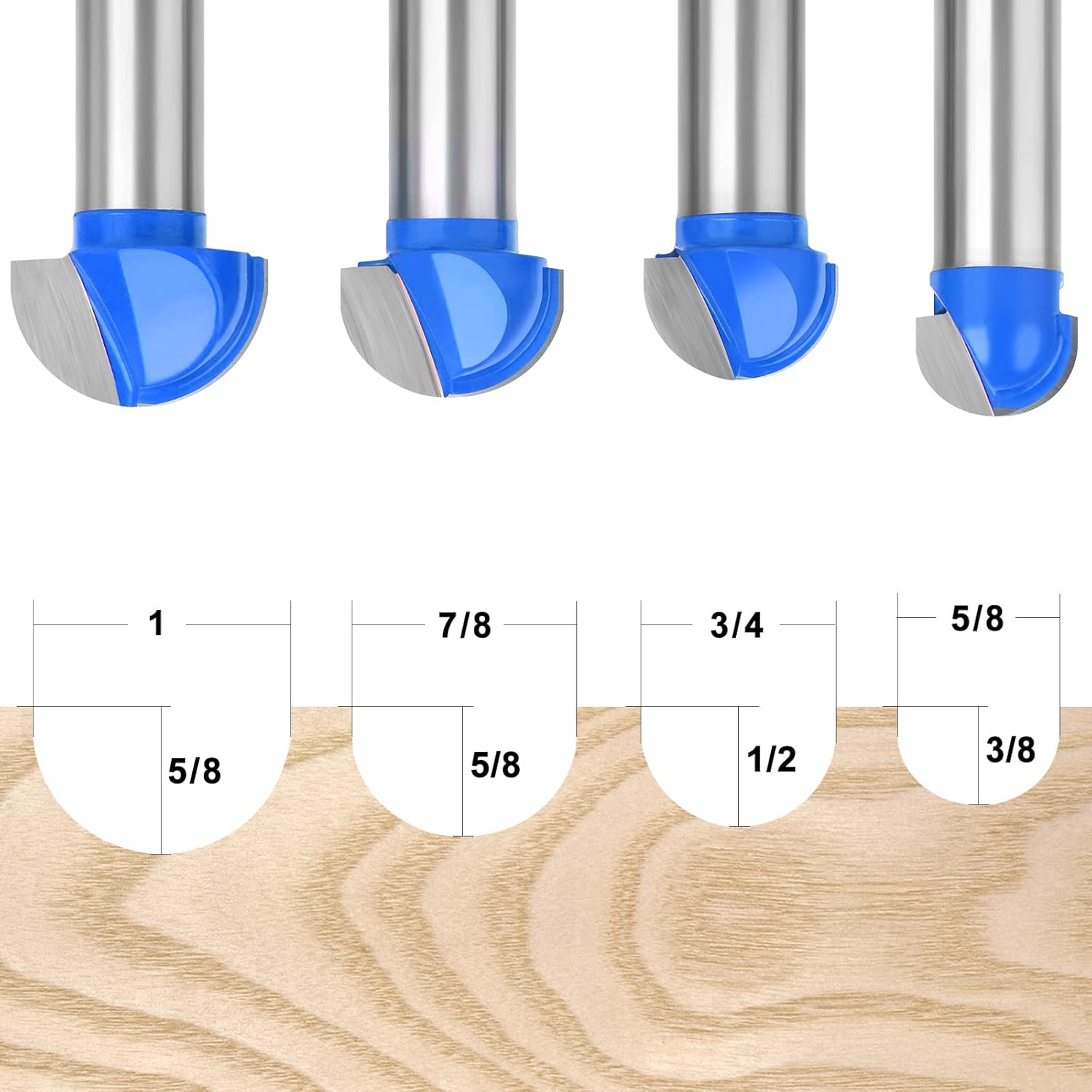 4Pcs Cove Box Cemented Carbide Router Bit for Woodworking, MDF and Plywood, 1/2" Shank Round Nose, 5/8" 3/4" 7/8" 1" Cutting Diameter