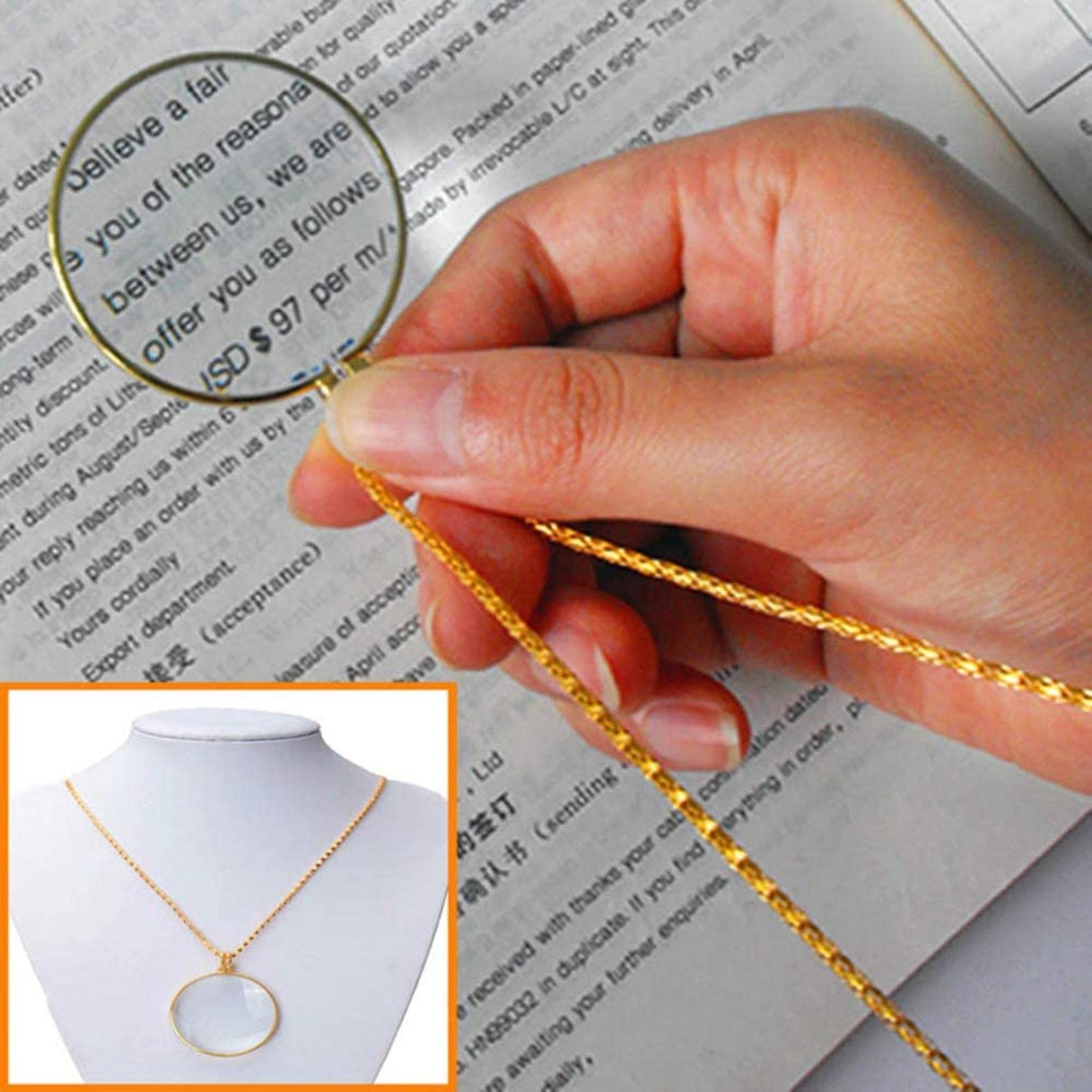 MRKU Collana con Lente d'Ingrandimento 10X Lente d'Ingrandimento da Lettura Tascabile Portatile Collana con Ciondolo Lente d'Ingrandimento in Oro Caldo Come Sempre
