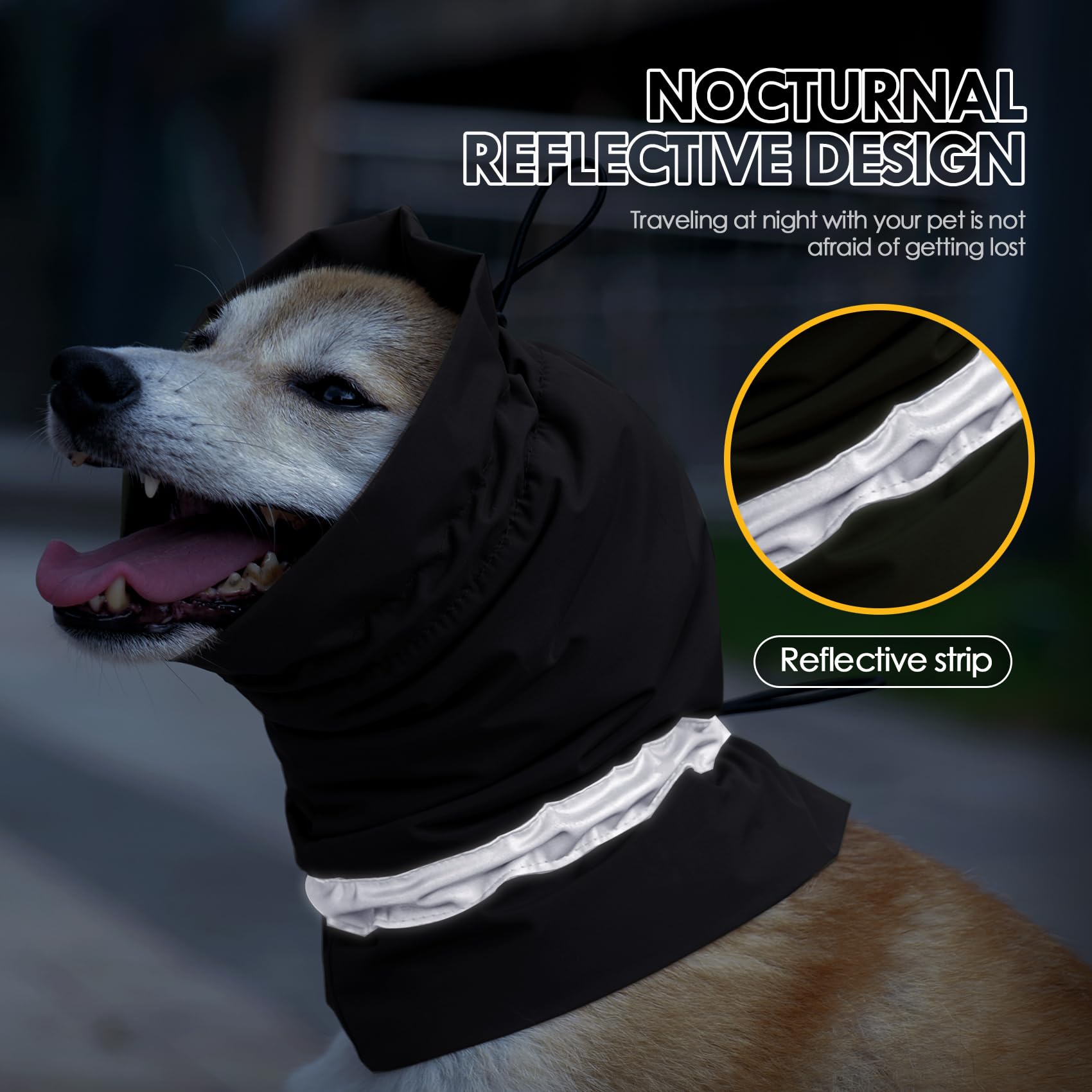 Protectores de orejas para perro, protección contra el ruido, capucha relajante, tira reflectante, cómoda, impermeable, calentador de cuello, para mascotas, para aliviar la ansiedad (negro, S)