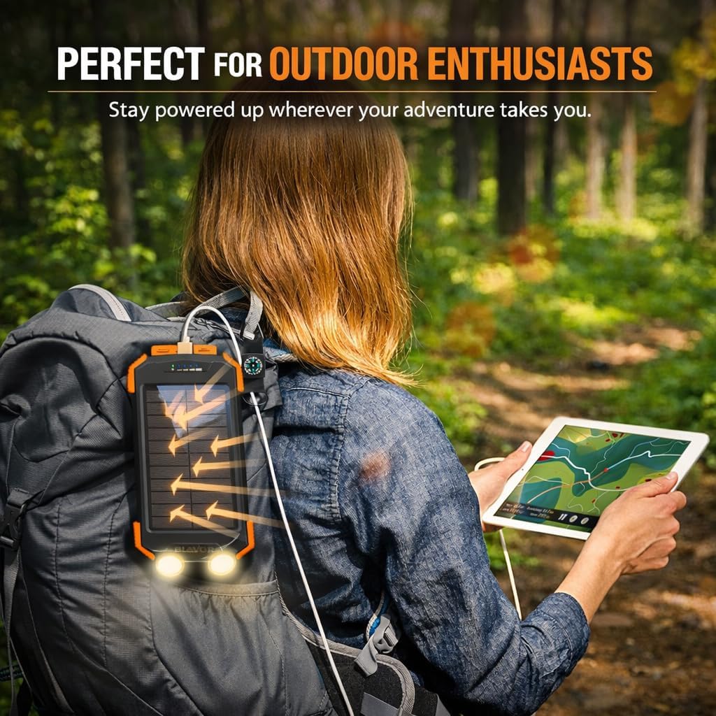 WEERSHUN 10000mAh Portable Solar Power Bank, Portable Charger, Solar Power Bank with Dual Bright Flashlights for Camping, Hiking, and Outdoor Use, Fast Charging Battery Pack (1PCS)