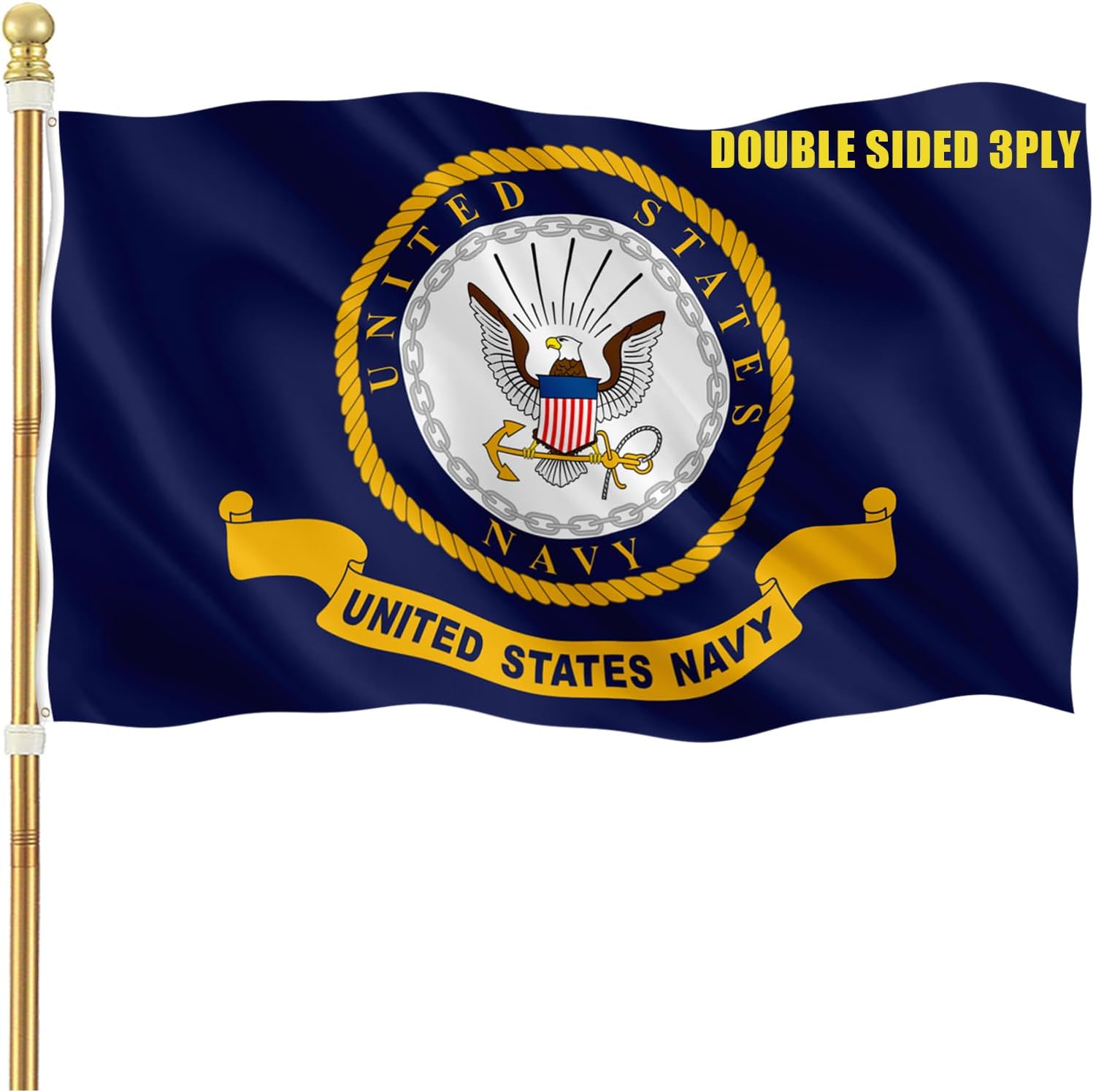 Navy Emblem Flag 3X5 Outdoor Double Sided- 3 Ply Heavy Duty Polyester Navy Military US Flag With 2 Brass Grommets, Vivid Color And Fade Proof, UV Proof