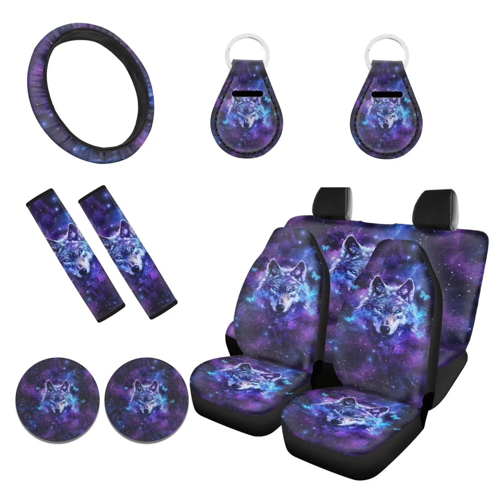 Biyejit Galaxy Wolf Print Car Seat Cover Set for Women Men Car Steering Wheel Cover Cup Coaster 2 Pack Keyring Keychain Seatbelt Pad Cushion for SUV
