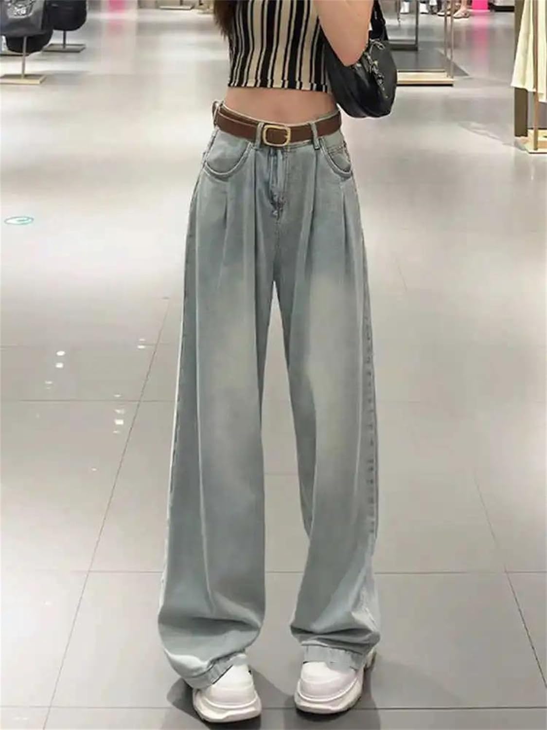 Womens High Waisted Loose Wide Leg Ice Silk Jeans Casual Summer Light Blue Thin Denim Pants