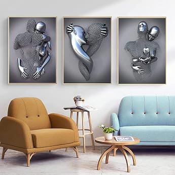 3D Metal Figure Statue Art Love Heart Kiss Pictures Wall Art Living Room Wall Decoration - Without Frame Poster 01.50 x 70 cm x 3