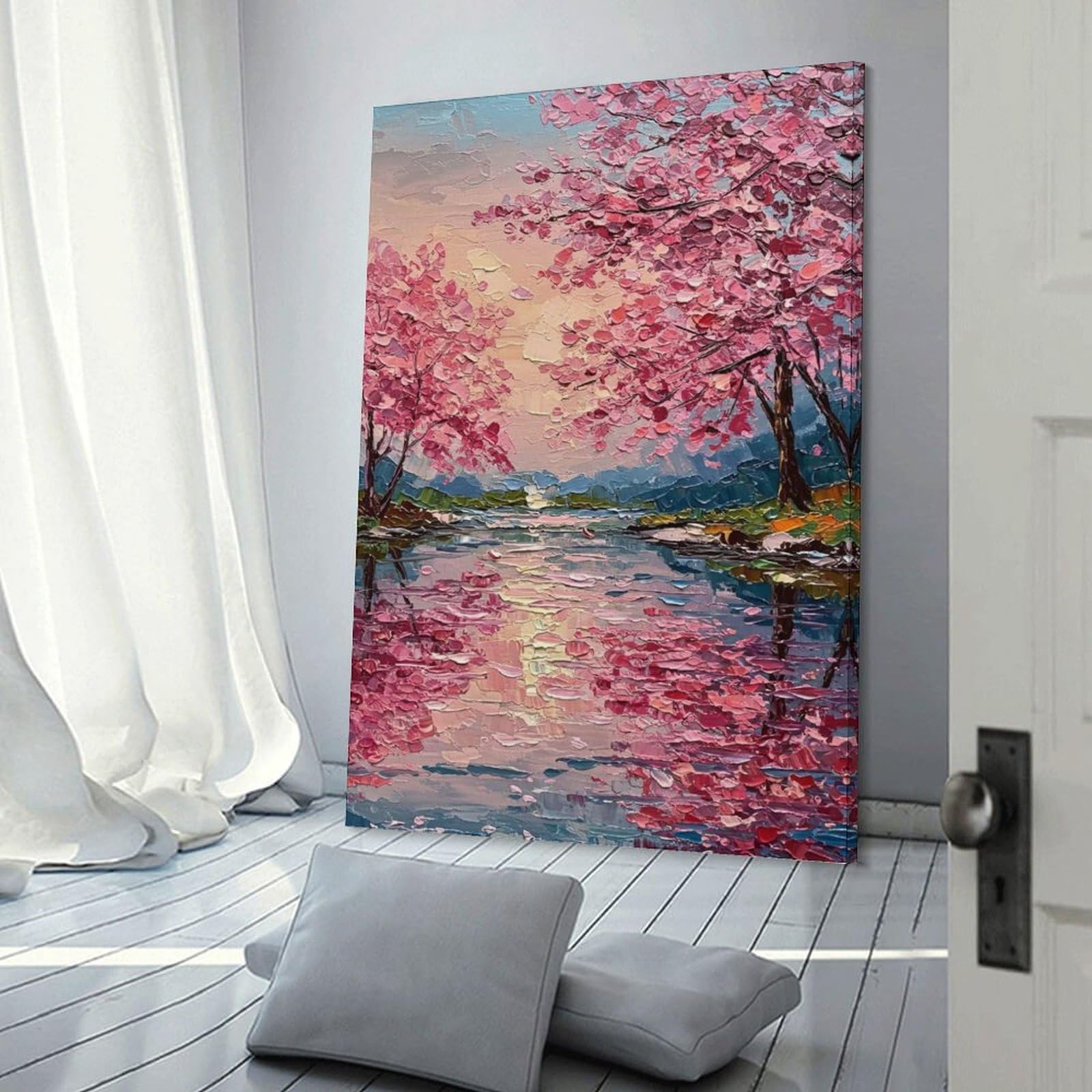 Junmoney Frame-Style-18 Cherry Blossom River Oil Painting Canvas Wall Art 24X36inch(60X90cm), For Office Decor, Home Working Or Creative Rooms, Wall Art That Adds Style To Work Areas