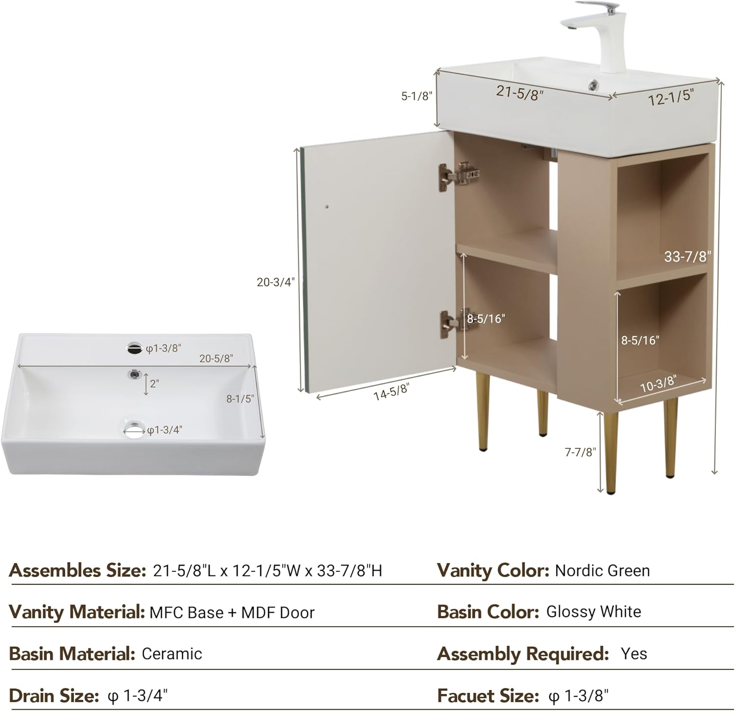 Harper & Bright Designs 21.6 Inch Bathroom Vanity with Sink, Narrow Depth Bathroom Vanities, Wood Vanity Cabinet, Soft Closing Door, Freestanding Sink Cabinet W/Open Right Side Shelves, Green