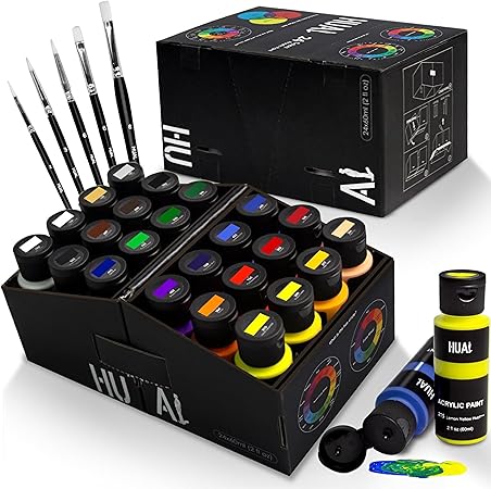 Acrylic Paint Set With 5 Brushes, 24 Colors (60ml, 2oz) for Artists Kids Beginners & Painters,Model/Canvas/Rock/Fabric/Glass/Stone/Ceramic/Wood Painting, Non Toxic