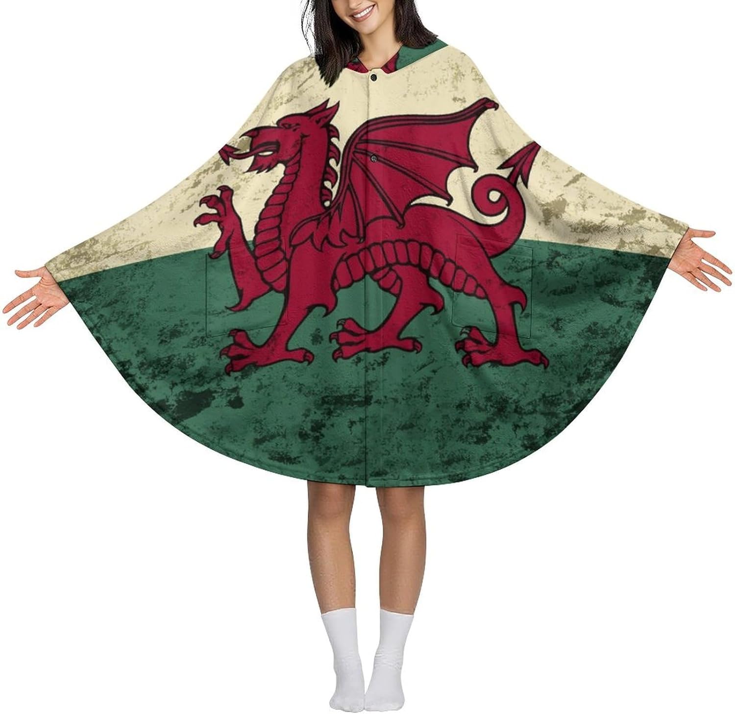 Vintage Welsh Flag Wearable Blanket with Hooded Flannel Blankets Cape with Pocket