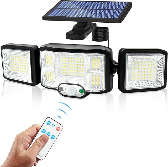 Fousômo Solar Lights Outdoor Wall Lights Motion Sensor Solar Powered 3 Heads 192 LEDs IP65 Waterproof Cordless Flood Security Lighting for Yard