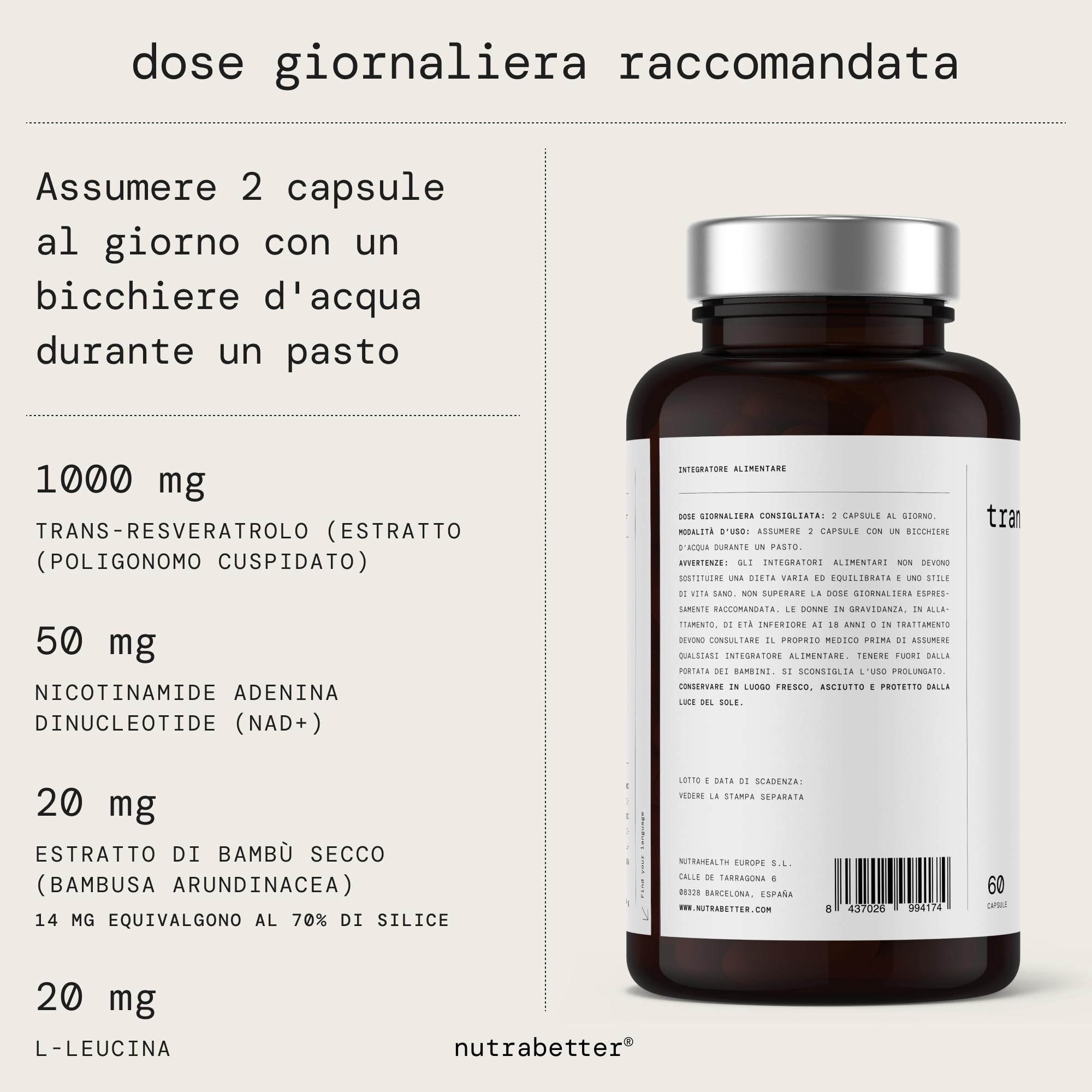 Trans Resveratrolo 1000 mg con NAD+ 50 mg | NAD Resveratrolo | Anti-invecchiamento, Vitalità Cellulare, Benessere Cognitivo, Attivatore delle Sirtuine | 60 Capsule Vegane | nutrabetter®