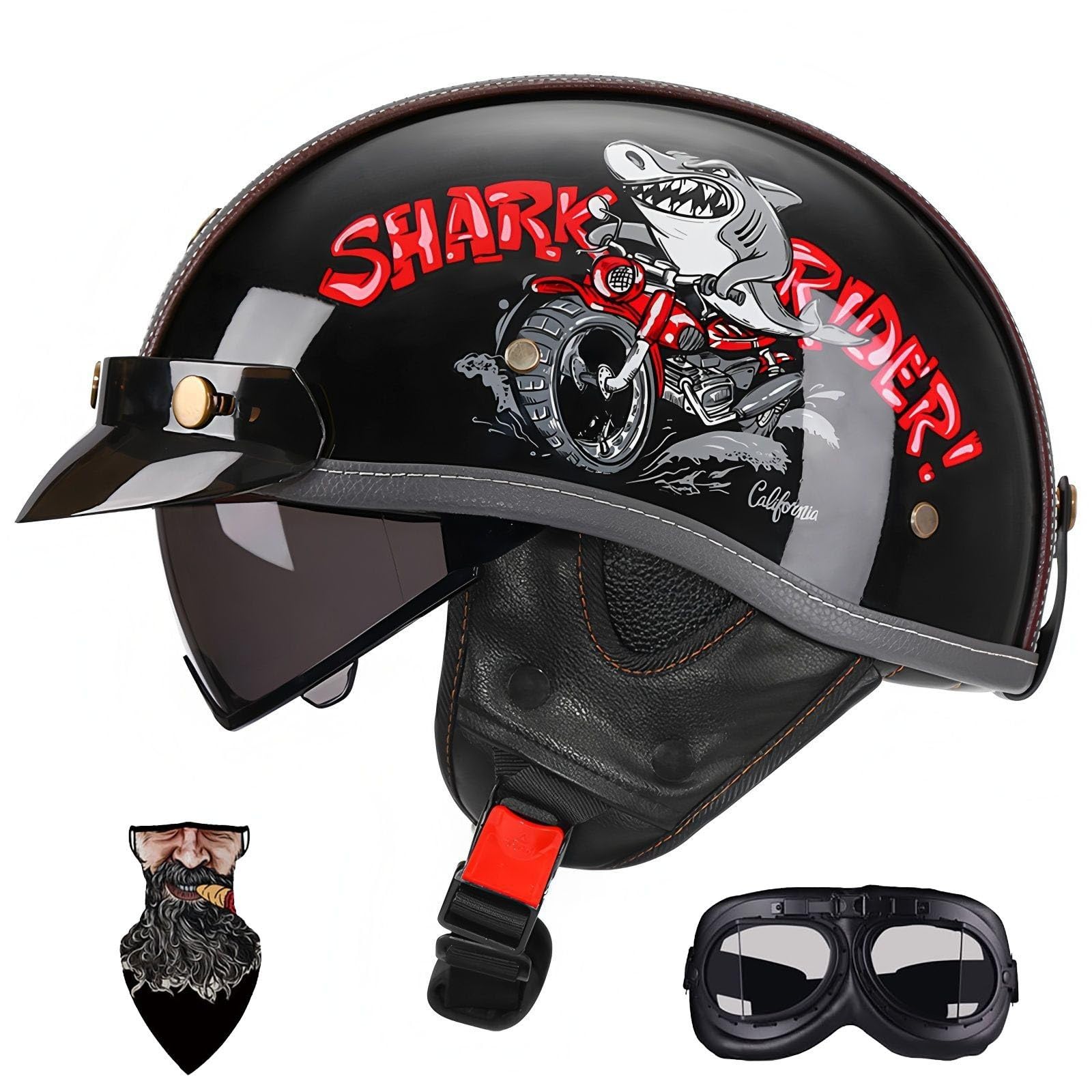 HALYING German Helmet ABS Half Open Face Motorcycle Helmet Adult Men Women Motorbike Helmets Drop Visor Quick Buckle EPS DOT Approved Half Shell Men Women Motor Bike Helmet Men (55-62cm)