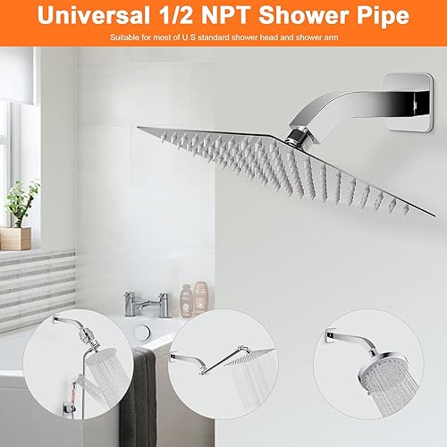 Miniatura 4 de HarJue Brazo de ducha con brida y cinta de teflón, tubo de ducha cuadrado montado en la pared, brazo de extensión de acero inoxidable 304 para