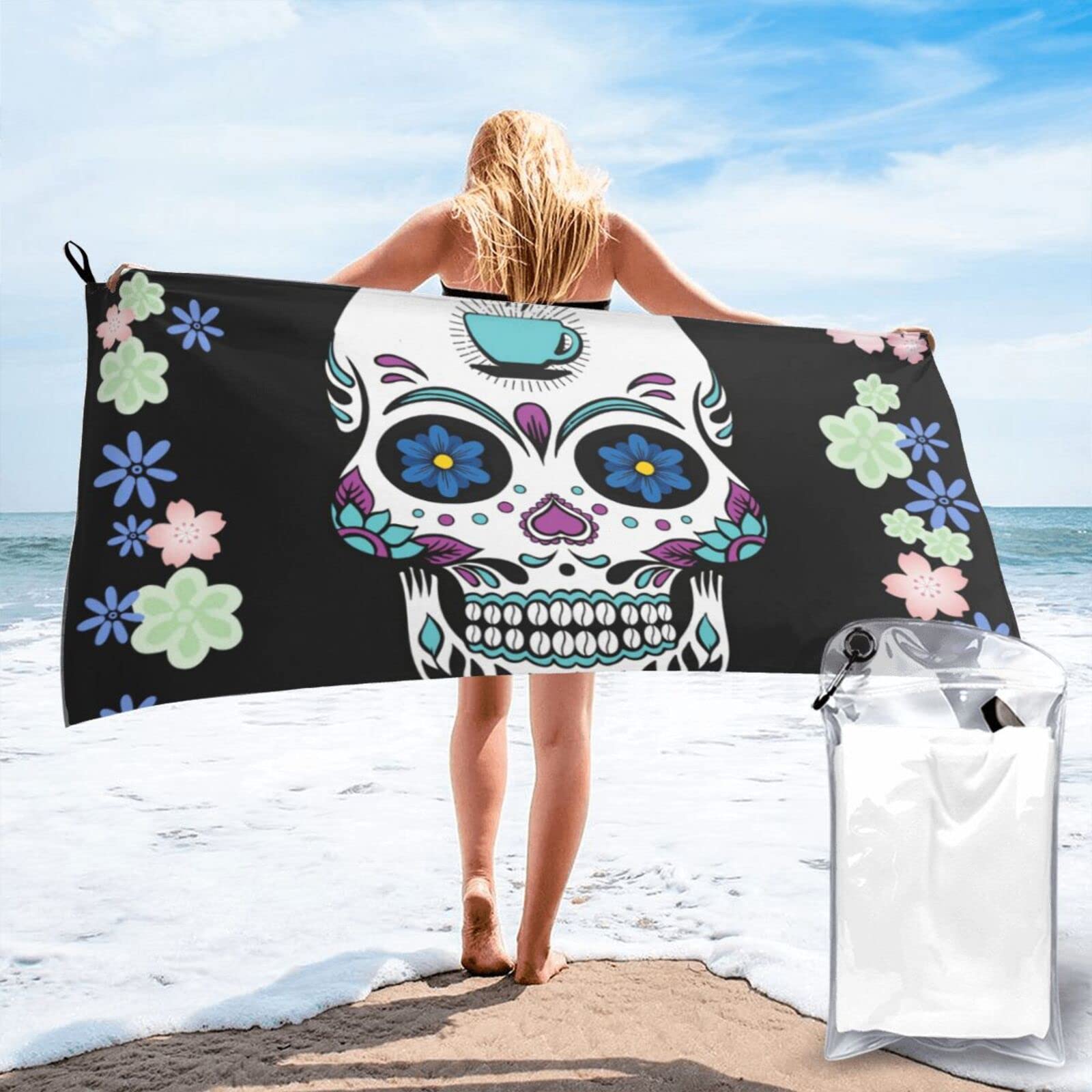 Lawenp Flower and Skull Microfiber Beach Towel Adults Large Quick Drying Bath Towel Travel Towels with Pouch 31.5"x63"