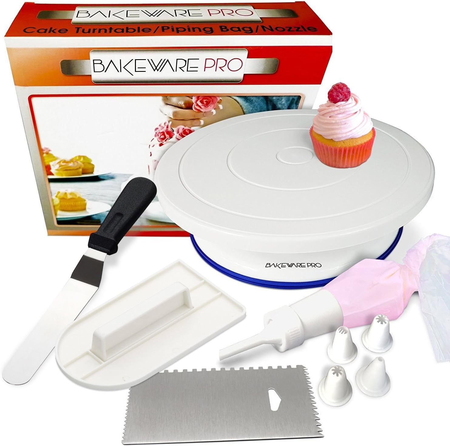 Bakeware Pro Cake Turntable Rotating Stand with Icing Piping Pastry Bag and Five Nozzle Tips| Decorating Comb Smoother| Angled Icing Spatula| Perfect Revolving Decorating Set