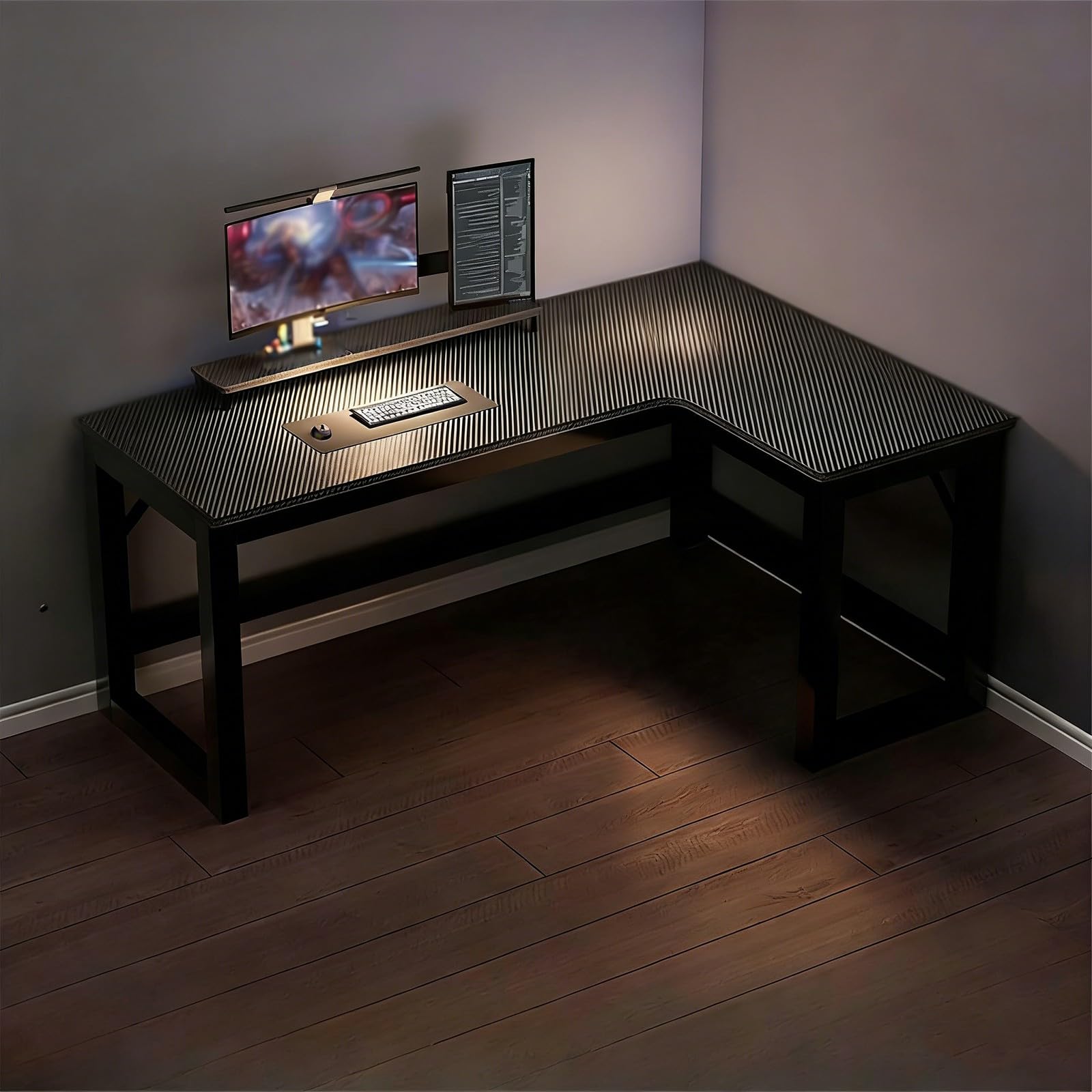 SXZenSpace L-Shaped Carbon Fiber Desktop Corner Computer Desk with H-Shaped Frame, Sturdy Gaming Desk, Cable Management Function, Suitable for Large-Sized Administrative desks in Home Offices
