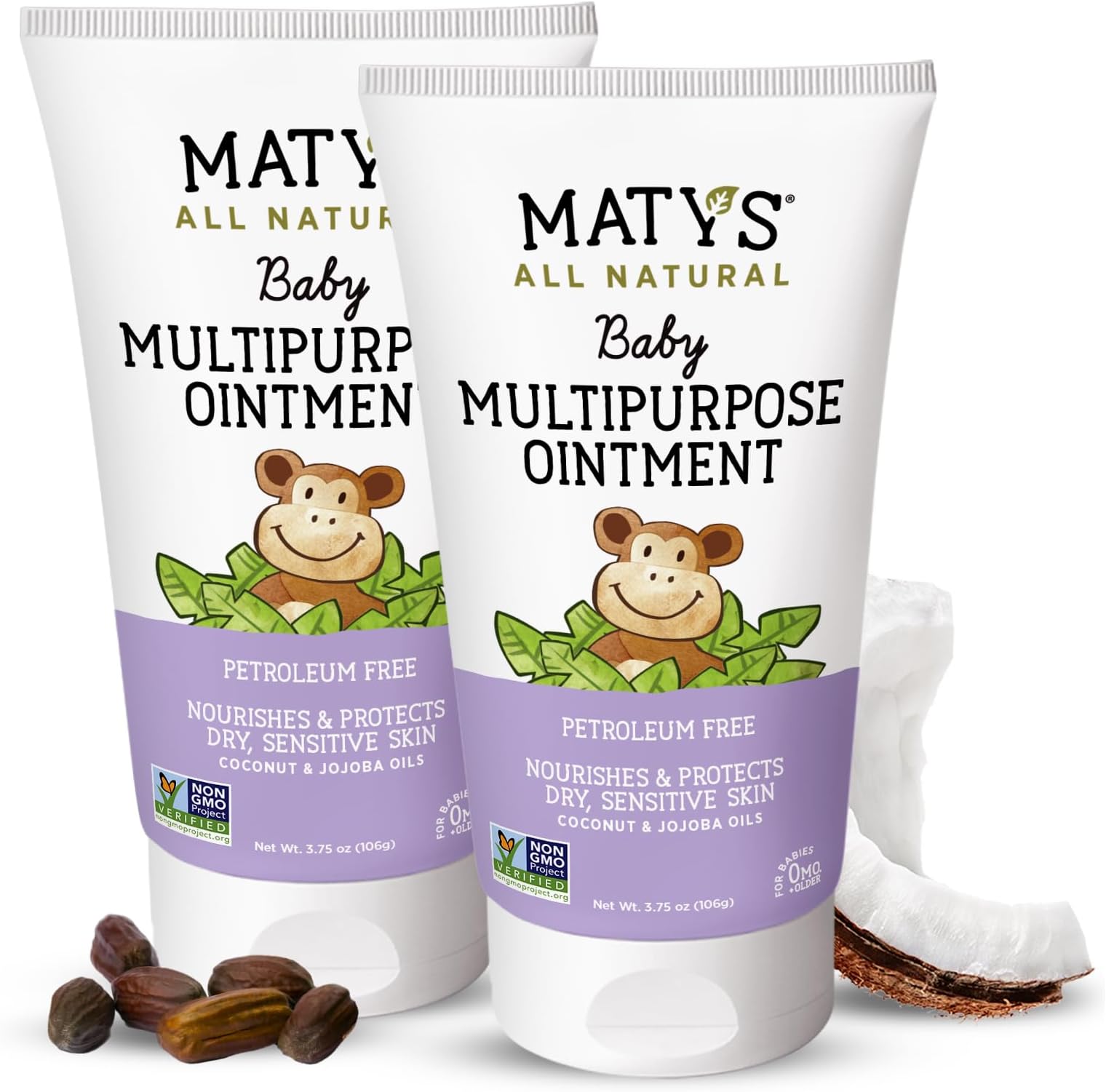 Matys Multipurpose Baby Ointment, All Over Gentle Skin Protection for Newborns & Up, Soothes Dry Irritated Skin, Diaper Area, Dry Scalp, Drool Irritation, Petroleum Free, 2 Pack, 3.75 oz each tube