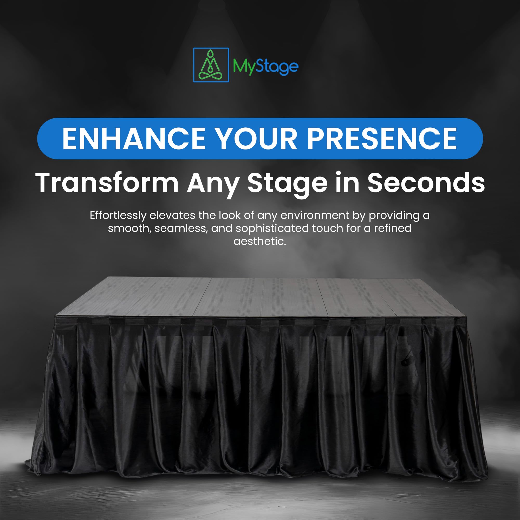 16’ x 28” MyStage Portable Stage Skirt - Black Satin Fabric Adhesive for Events, Performances, & Wedding Staging, High-Quality Wrinkle-Free Platform Skirting Cloth - (Black)