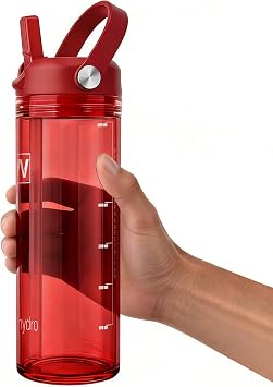 20 oz Clear Water Bottle with Straw & Handle, Leakproof Tritan Water Bottle, BPA Free Reusable Plastic Bottle with Volume Markings, Dishwasher Safe for School,Travel, Sports, True Red