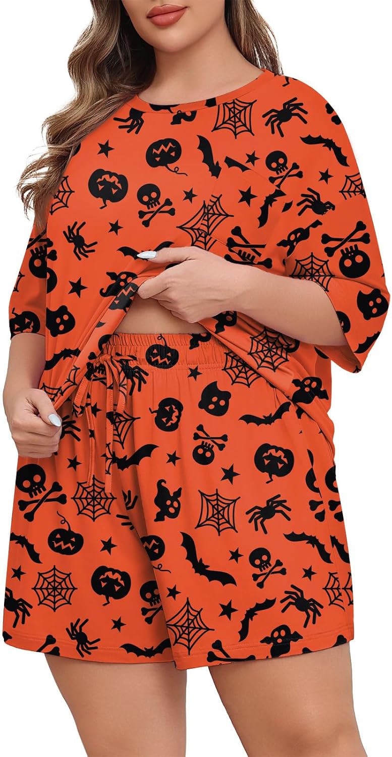 Lastshe Womens Plus Size Pajama Set 2 Piece Soft Short Sleeve with Pockets Shorts Sleepwear Knit Pjs Lounge Set Summer,Halloween Orange,3X