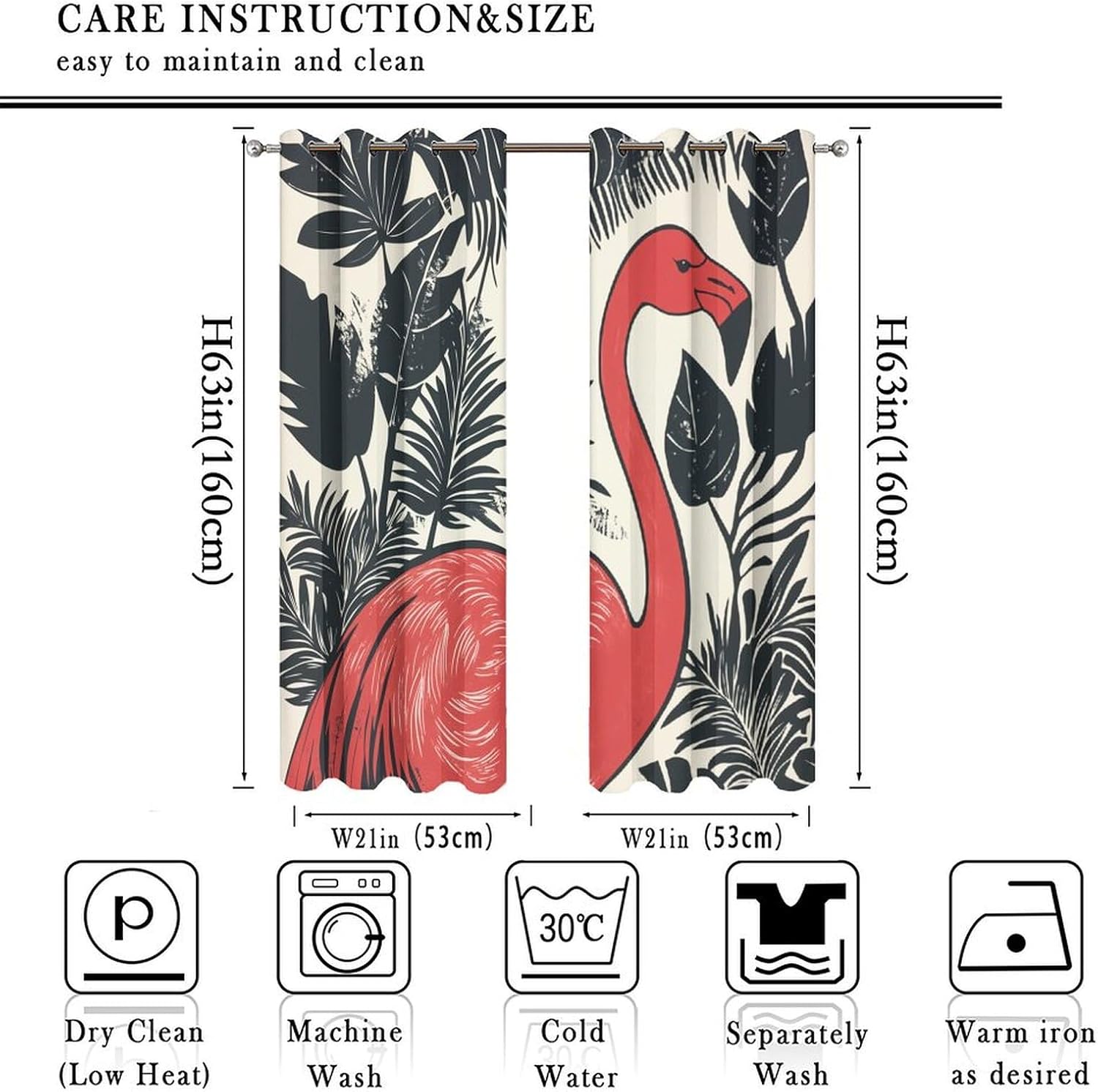 Abstract Flamingo Pattern Curtains for Bedroom, Retro Palm Leaf Plant Grommet Blackout Curtains Thermal Insulated Window Drapes for Living Room, 21W x 63L, 2 Panels