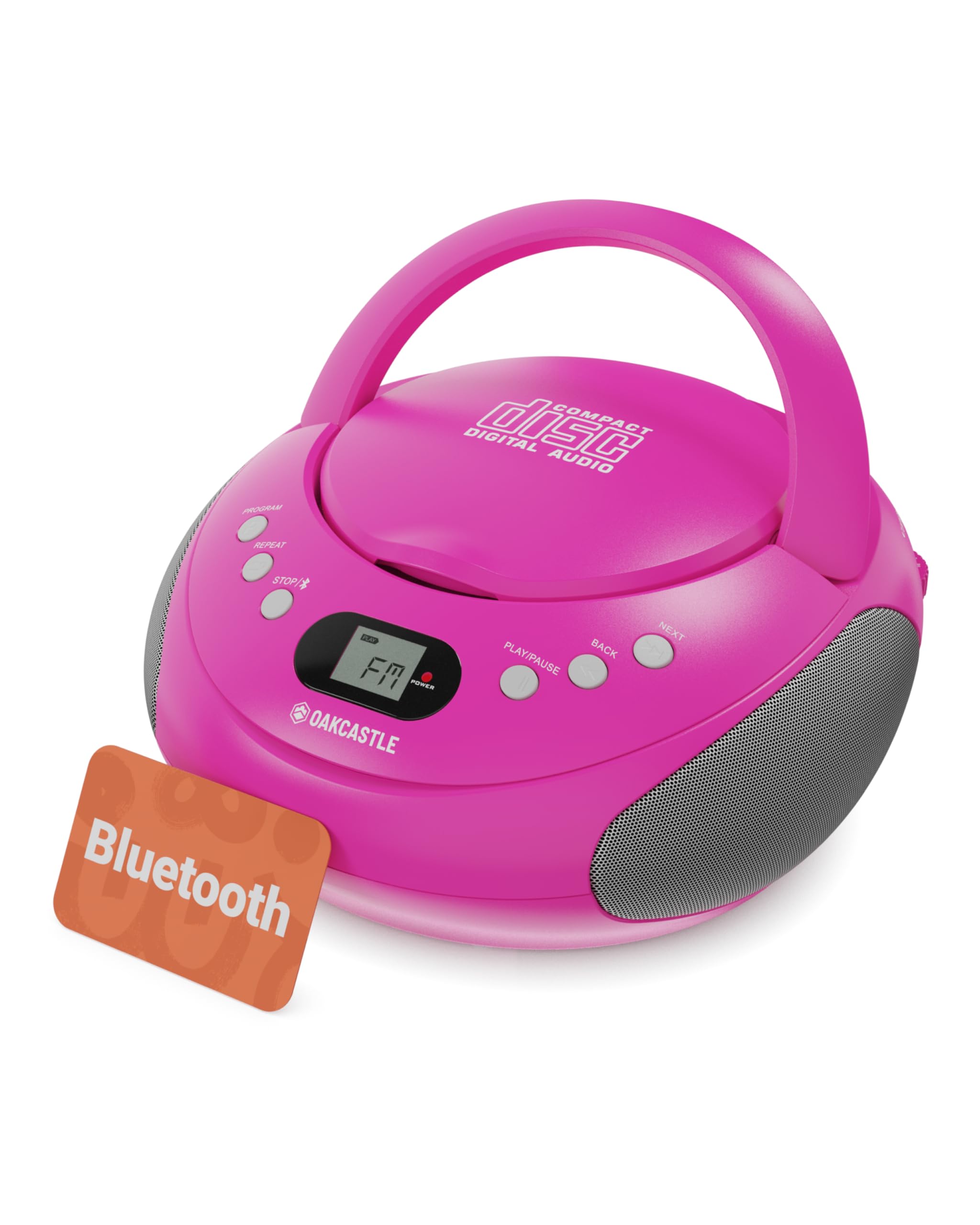 OAKCASTLE CD250 Boombox portátil con Bluetooth, Controles Sencillos, Reproductor de CD para niños, Reproductor de CD portátil con Radio FM, 30 ajustes de Radio, indicador LED (Rosa)
