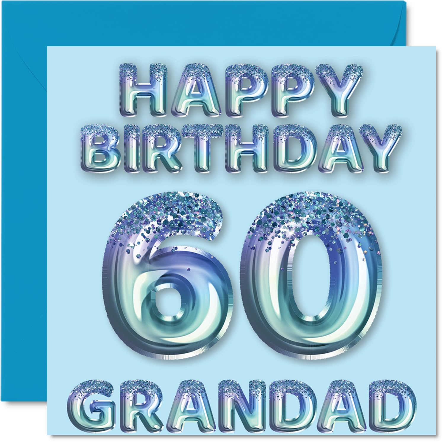60th Birthday Card for Grandad, Blue Glitter Party Balloons