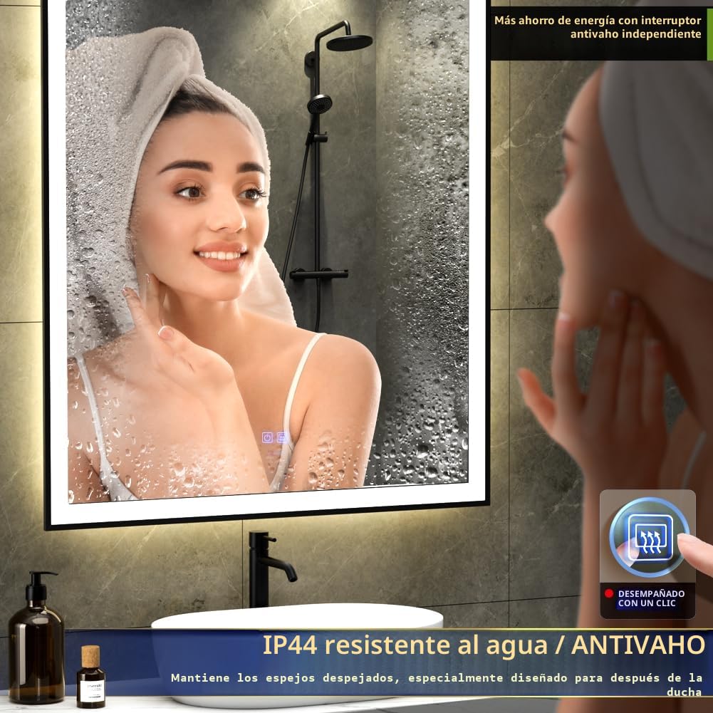 GANPE Espejo de baño LED, Espejo de tocador de Maquillaje montado en la Pared, Espejo Iluminado Moderno Grande, antiniebla+IP44 Impermeable+Vertical y Horizontal (80 x 100 cm)