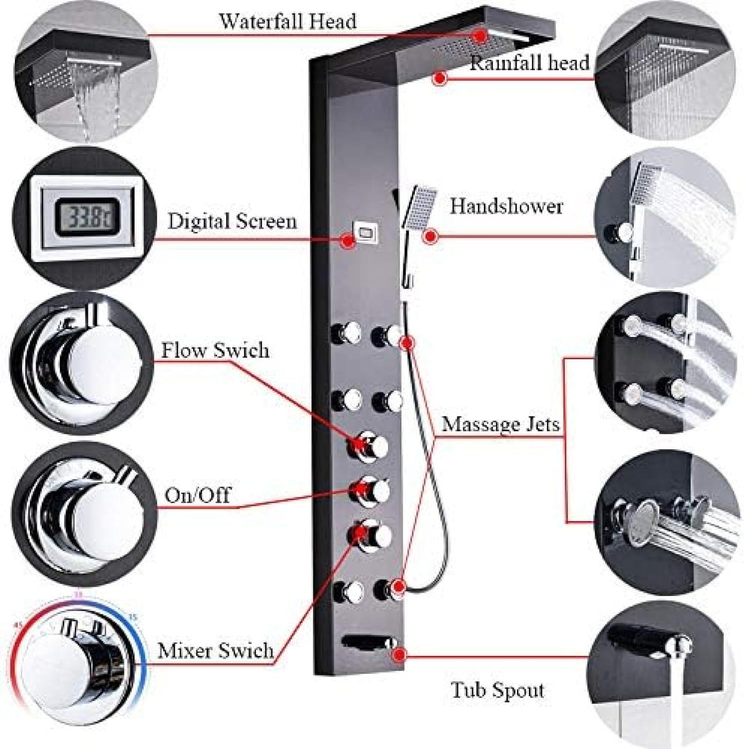 Shower System, Rainfall Waterfall Shower Panel Massage Jets Shower Columntatic Mixer Shower Faucet Tower Shower Tub Spout-Black,Brushed Nickel(Brushed Nickel) (Black)