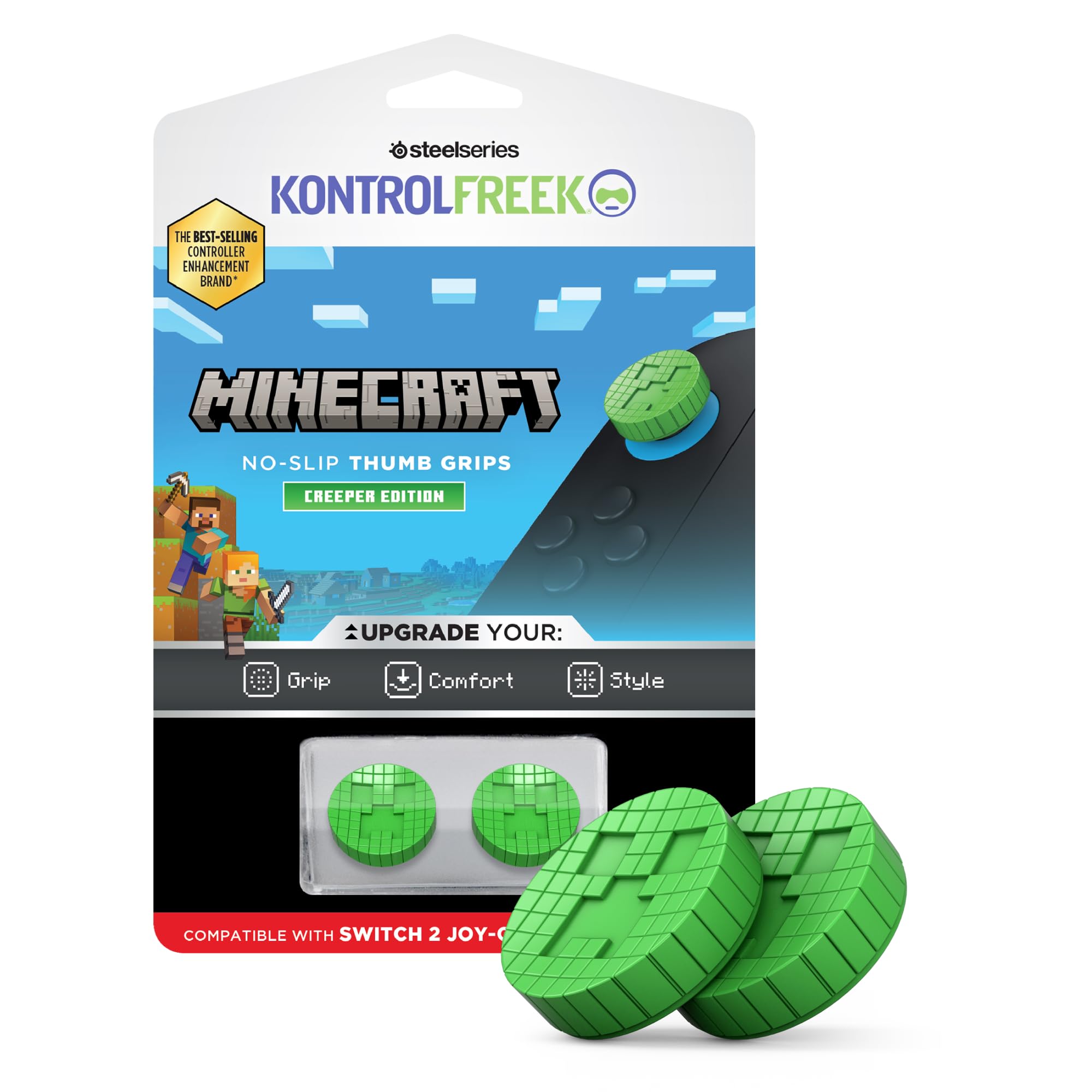 KontrolFreek Mit den Minecraft No-Slip Thumb Grips – Creeper Edition erhalten Switch 2 Joy-Cons mehr Grip, Komfort und Kontrolle für Abenteuer in der Overworld.