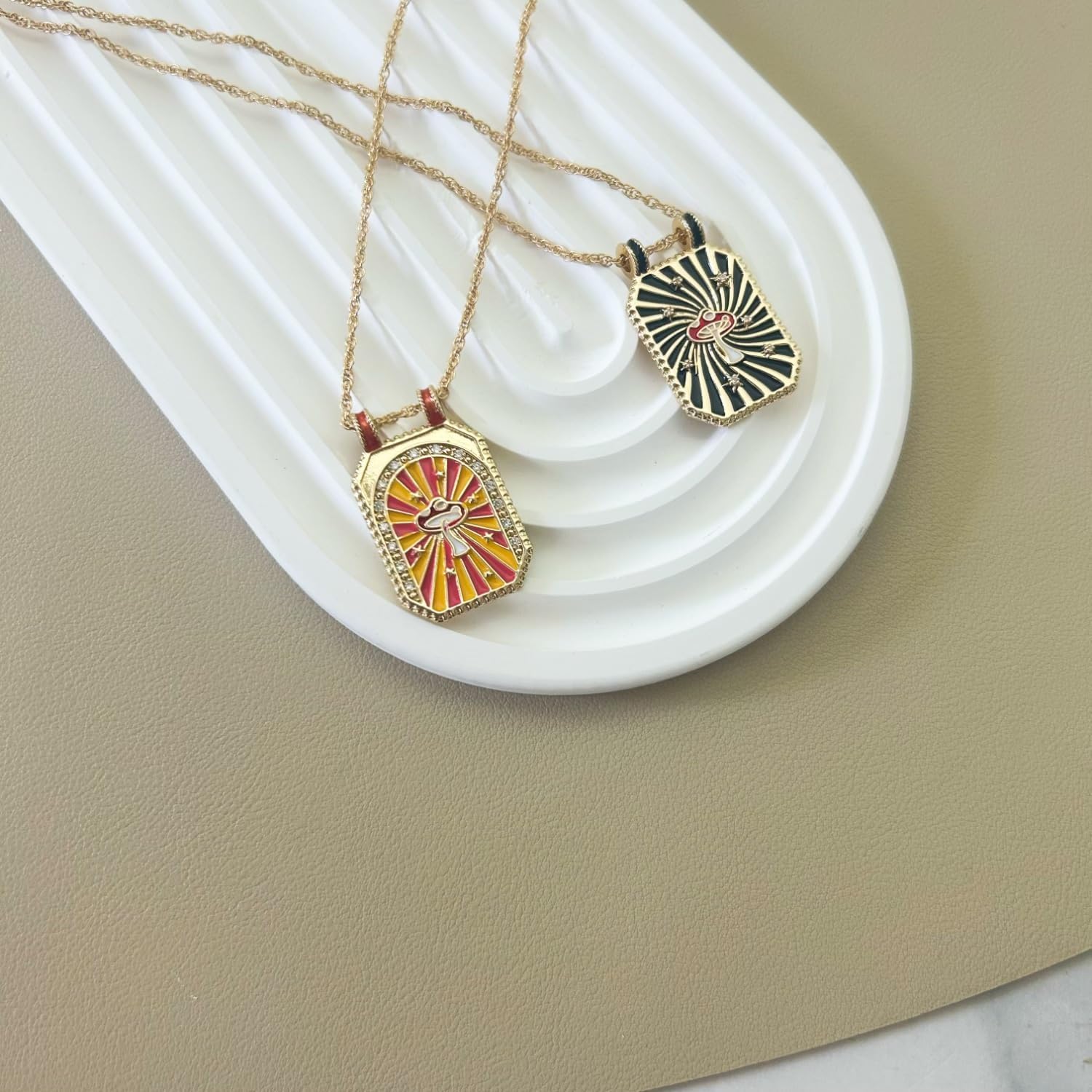 Art Retro Tarot Card Square Card 14K Gold Plated Brass Necklace Sun Moon Eight-pointed Star Love Heart Clover Lucky Grass Mushroom Cartoon Chain