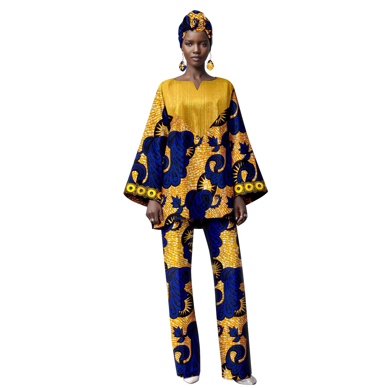 African Clothes for Women Horn Sleeve Top and Full Length Pants 2 Piece Suit Set with Headscarf Earrings