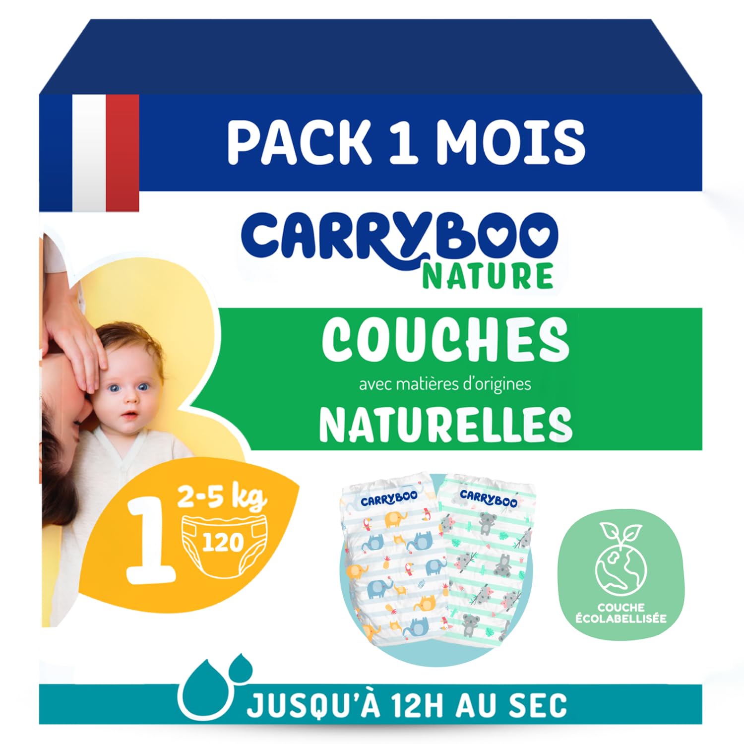 Carryboo – Pañales de bebé ecológicos – 2-5 kg – Cuidado del bebé natural, hipoalergénico, sin perfume y antifugas, fabricado en Francia – 120 pañales desechables – 1 mes