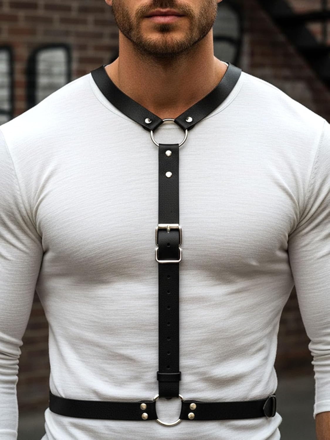 Fstrend Men's Black Faux Leather Chest Harness Strap, Adjustable Waist Belt for Rave, Festival, Cosplay, Fashion Accessories - Image 7