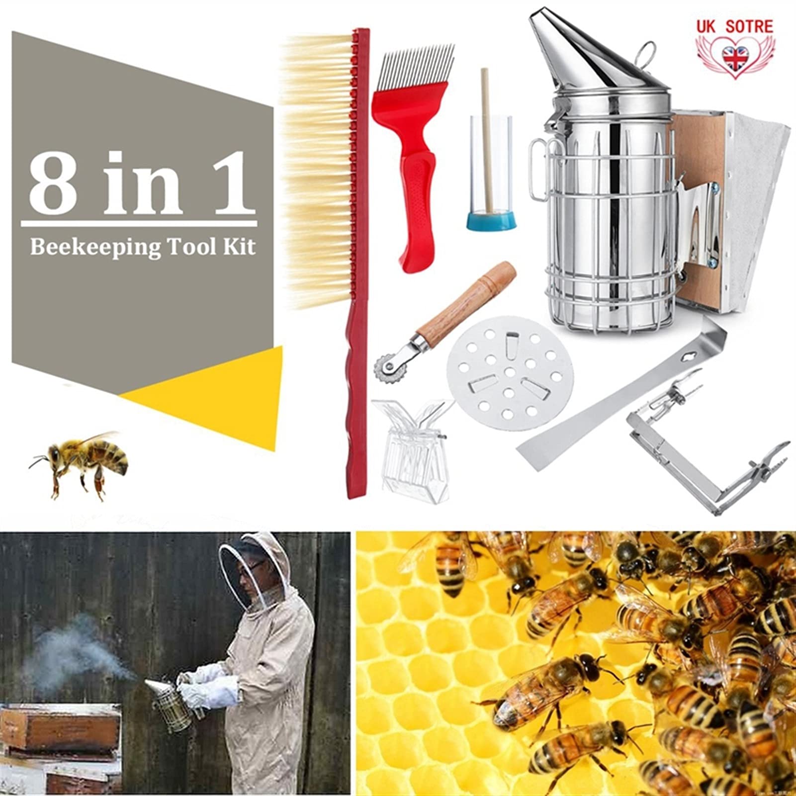 Guantes de Apicultura Kit de ahumador de Colmena de Abejas de Acero Inoxidable, protección contra el Calor, Equipo raspador, Juego de Herramientas 8 en 1, Accesorios de Apicultura