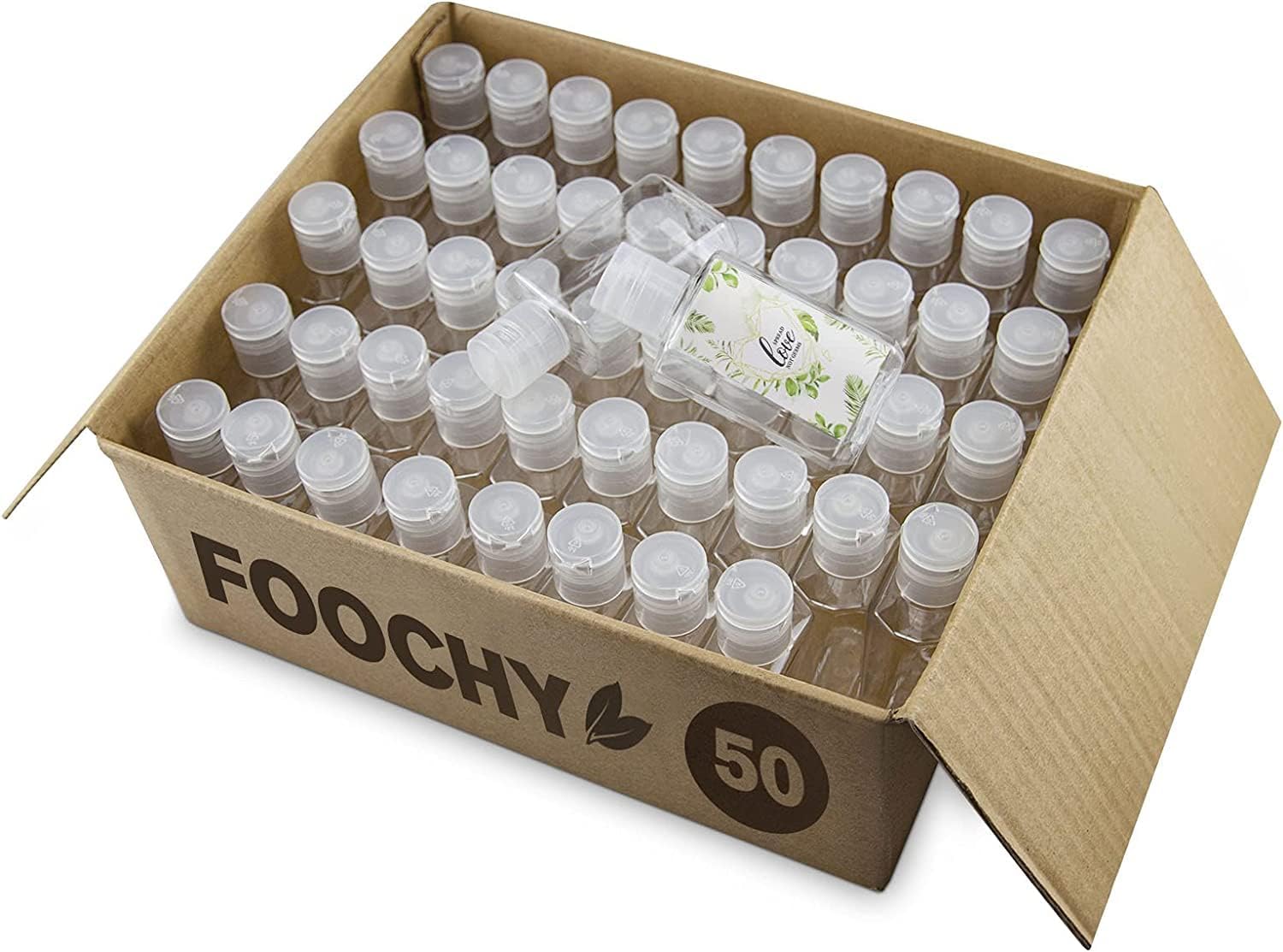 FOOCHY 2oz Empty Hand Sanitizer Travel Size Bottles, Refillable Clear Plastic Containers with Flip Cap for Shampoo, Lotion, Cream, Baby Shower, Tolitery (50 Pack)