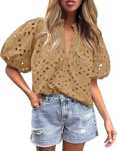 BETTE BOUTIK Women's Long Short Sleeve Tops 2025 Dressy Casual Button Hollow Out Lace Embroidered Blouses Shirts