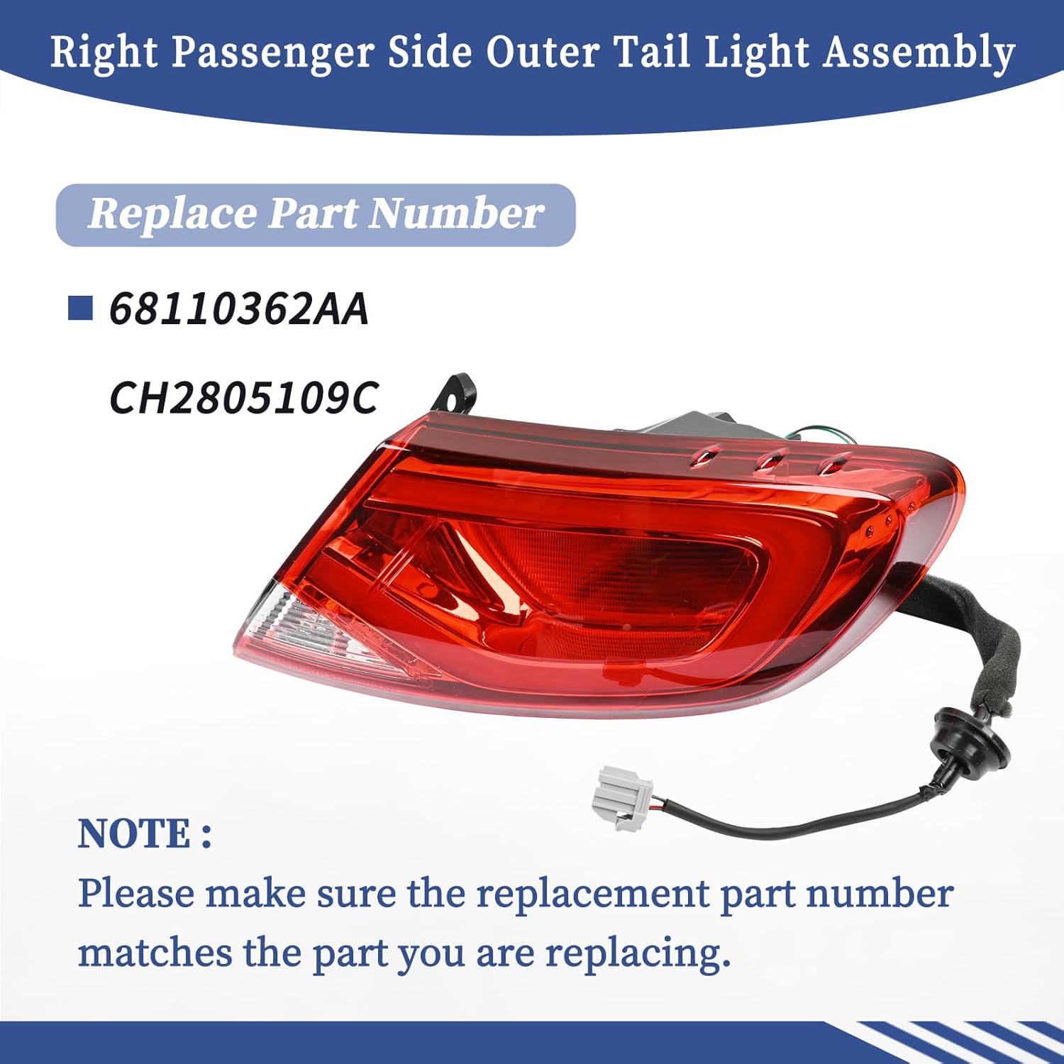 Right Passenger Side Outer Tail Light Assembly Compatible with Chrysler 200 2015 2016 2017 Rear Taillight Brake Stop Light Lamp Replaces 68110362AA CH2805109C