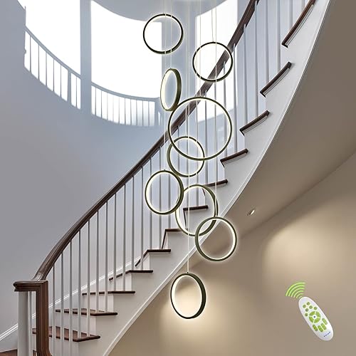 Miniatura 4 de Candelabro de techo alto, lámpara moderna negra con 9 anillos LED para vestíbulo para entrada, techo alto, escalera, lámpara LED moderna regulable