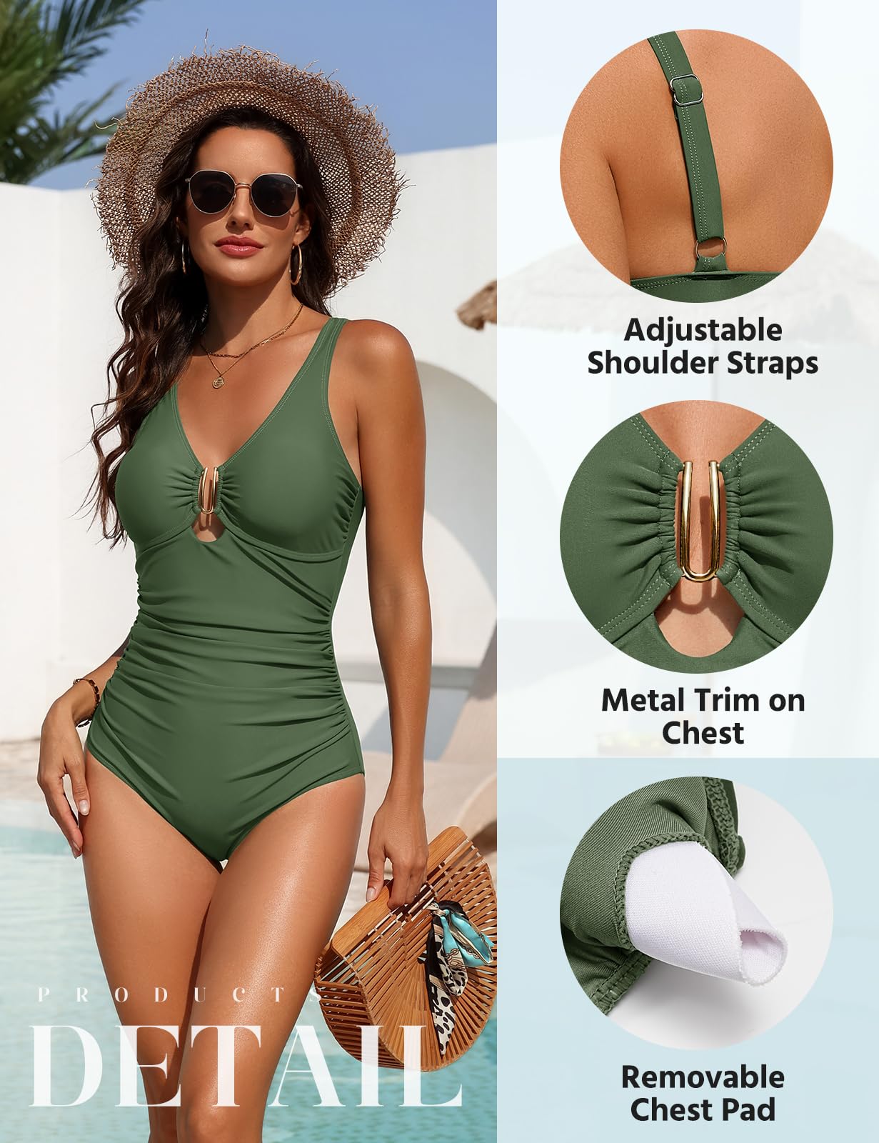 Bañadores Mujer Reductores Bañador Reductor Barriga Una Pieza Sexy con Cuello En V Push Up Traje De Baño con Metal Decorativo