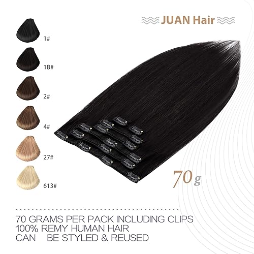 Miniatura 4 de Aison Extensiones de cabello humano real de color negro natural, 2.47 onzas, 100% Remy, extensiones de cabello humano Remy suave y sedoso, 7 piezas,
