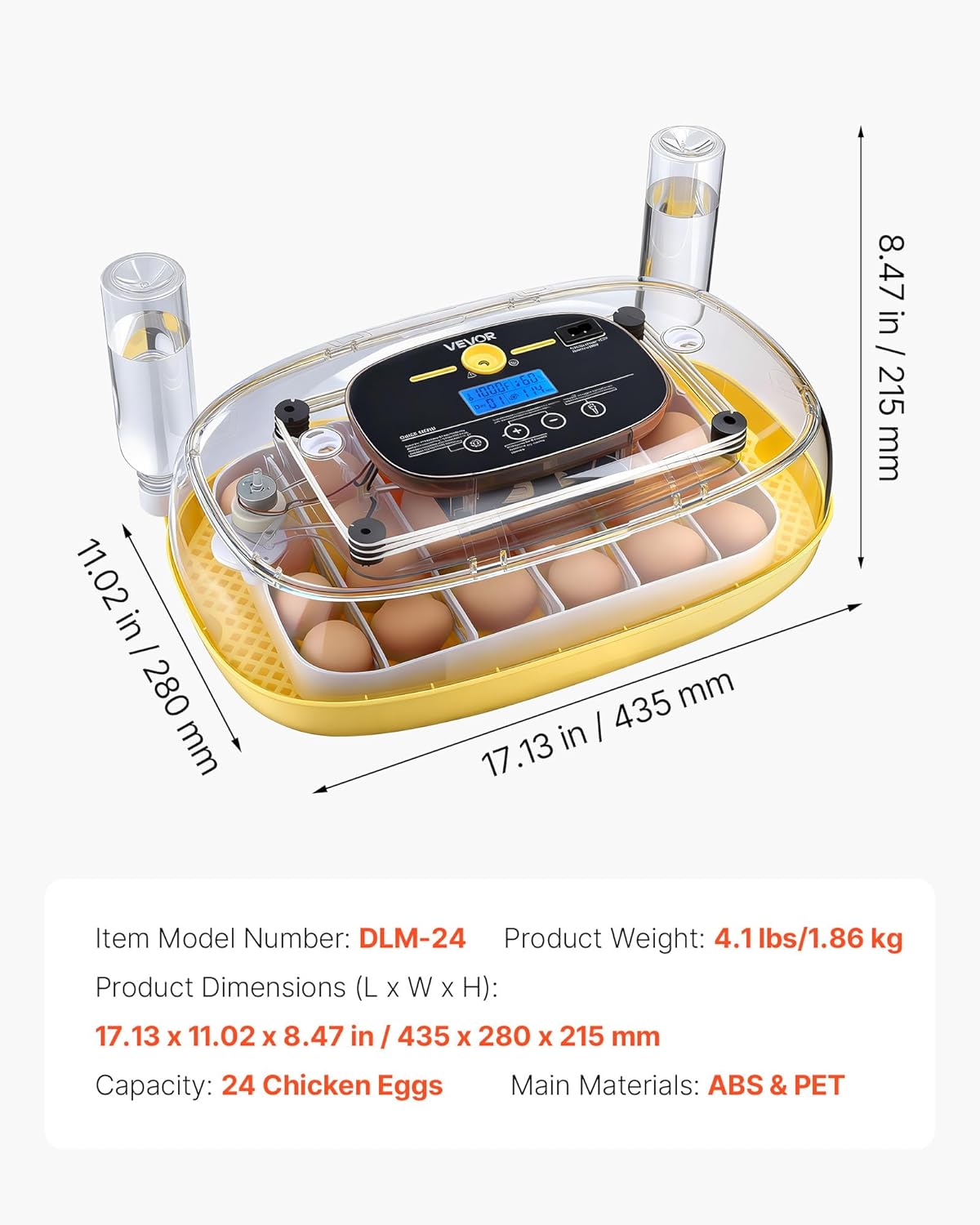 VEVOR 24 Egg Incubator, Automatic Egg Turner with LED Candler, Temperature & Humidity Control, 360° View Clear Window, Auto Water Refill, Poultry Eggs Incubators for Hatching Chicks Ducks Goose Quail