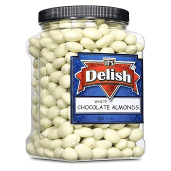 Gourmet White Chocolate Covered Almonds by Its Delish, 3 LBS Jumbo Reusable ContainerJar | White Milk Chocolate Coated Almond Nuts, Kosher Dairy